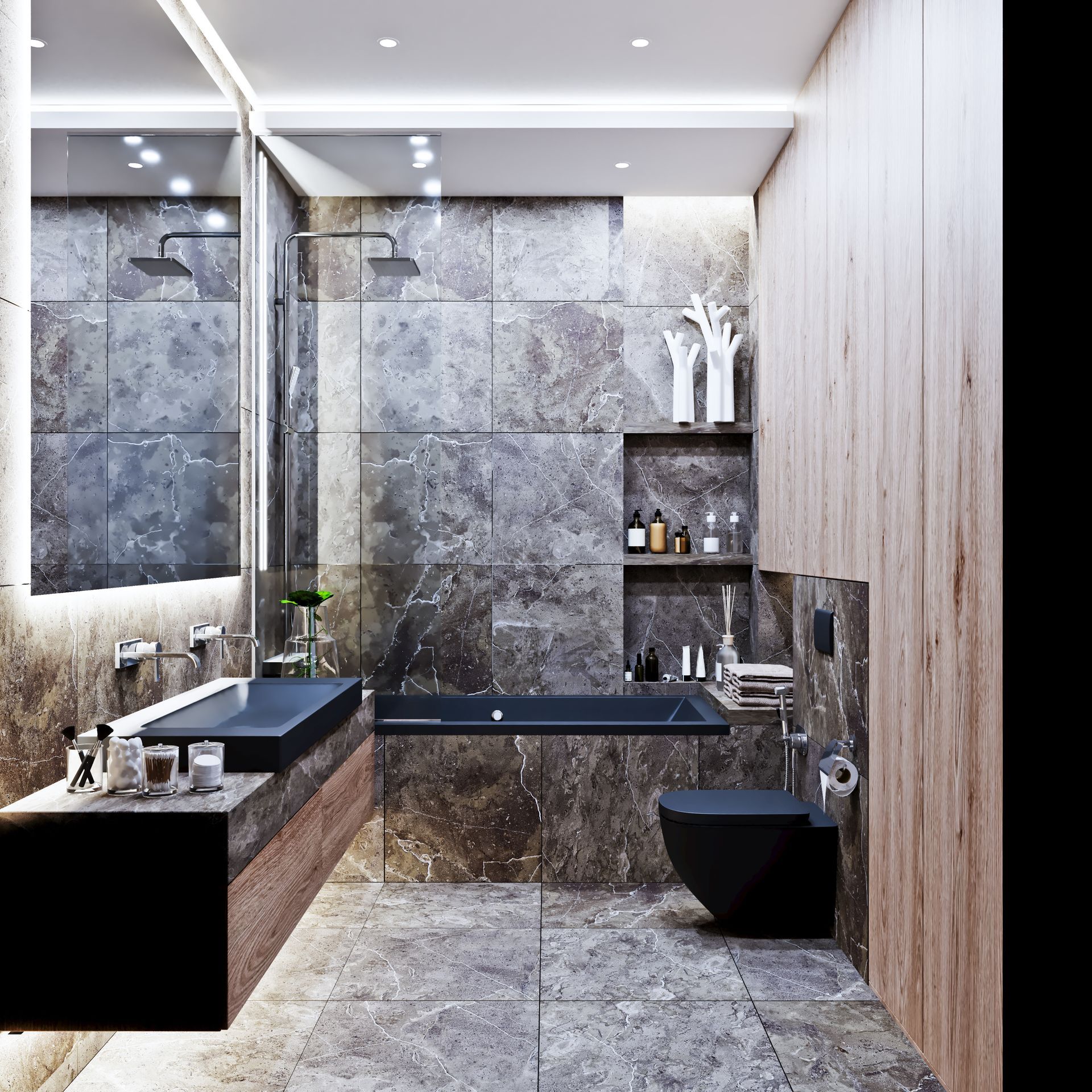 Salle de bains moderne avec carrelage gris, robinetterie noire et éléments en bois.