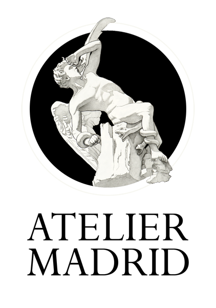 Logotipo: Estatua de un ángel caído en un círculo negro con