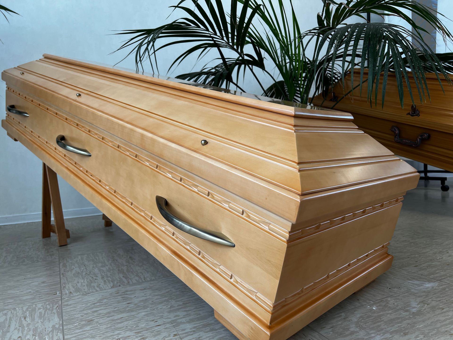 Ein Holzsarg. Foto von den Bestattungen Jeup