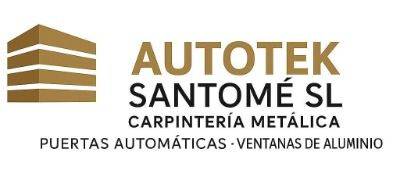 Logotipo de Autotek Santom&eacute; SL en marr&oacute;n y gris con texto que indica servicios de carpinter&iacute;a y ventanas de aluminio.