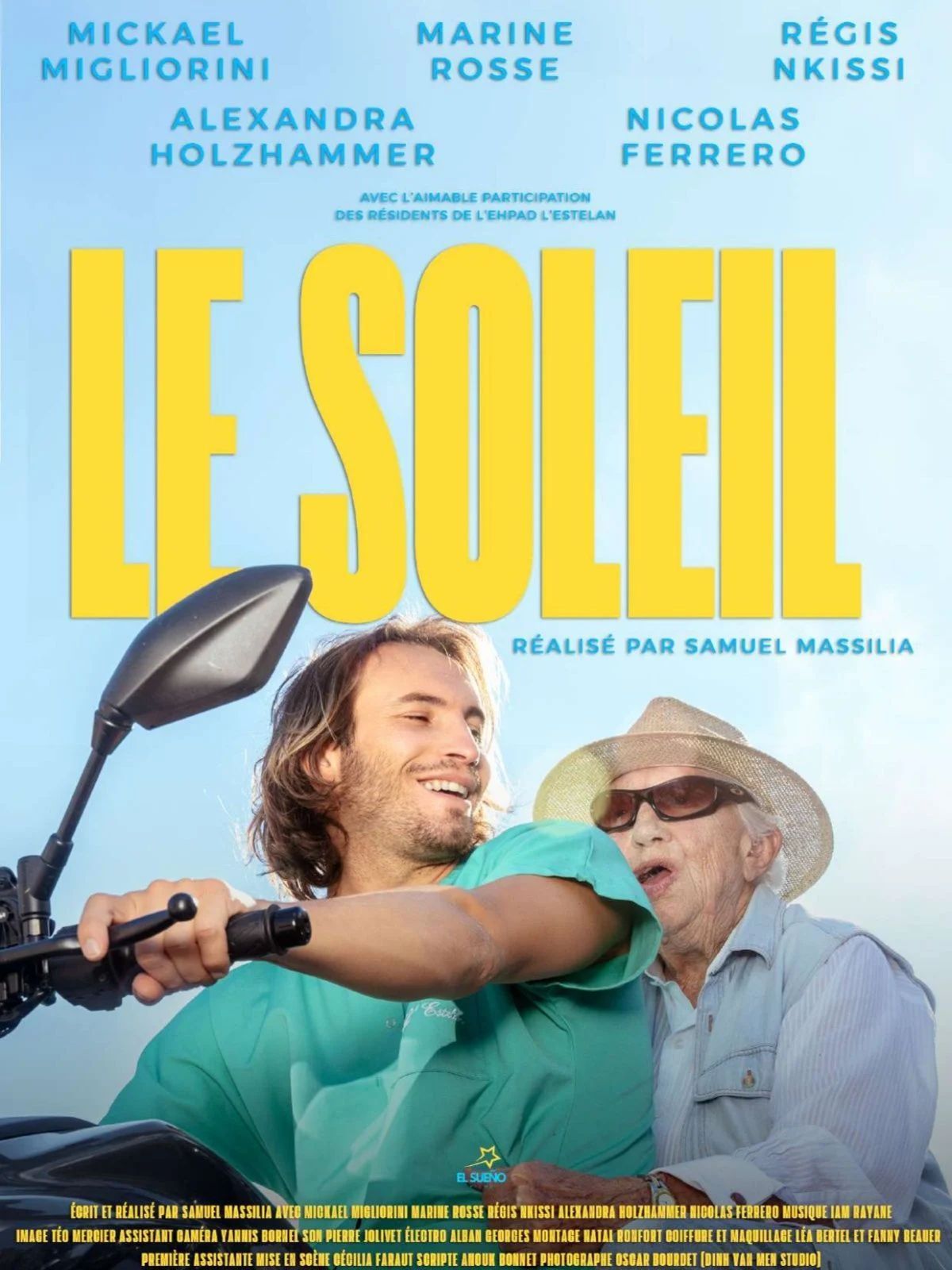 Affiche du film « Le Soleil », montrant une personne souriante conduisant une moto, suivie d'une personne plus âgée.