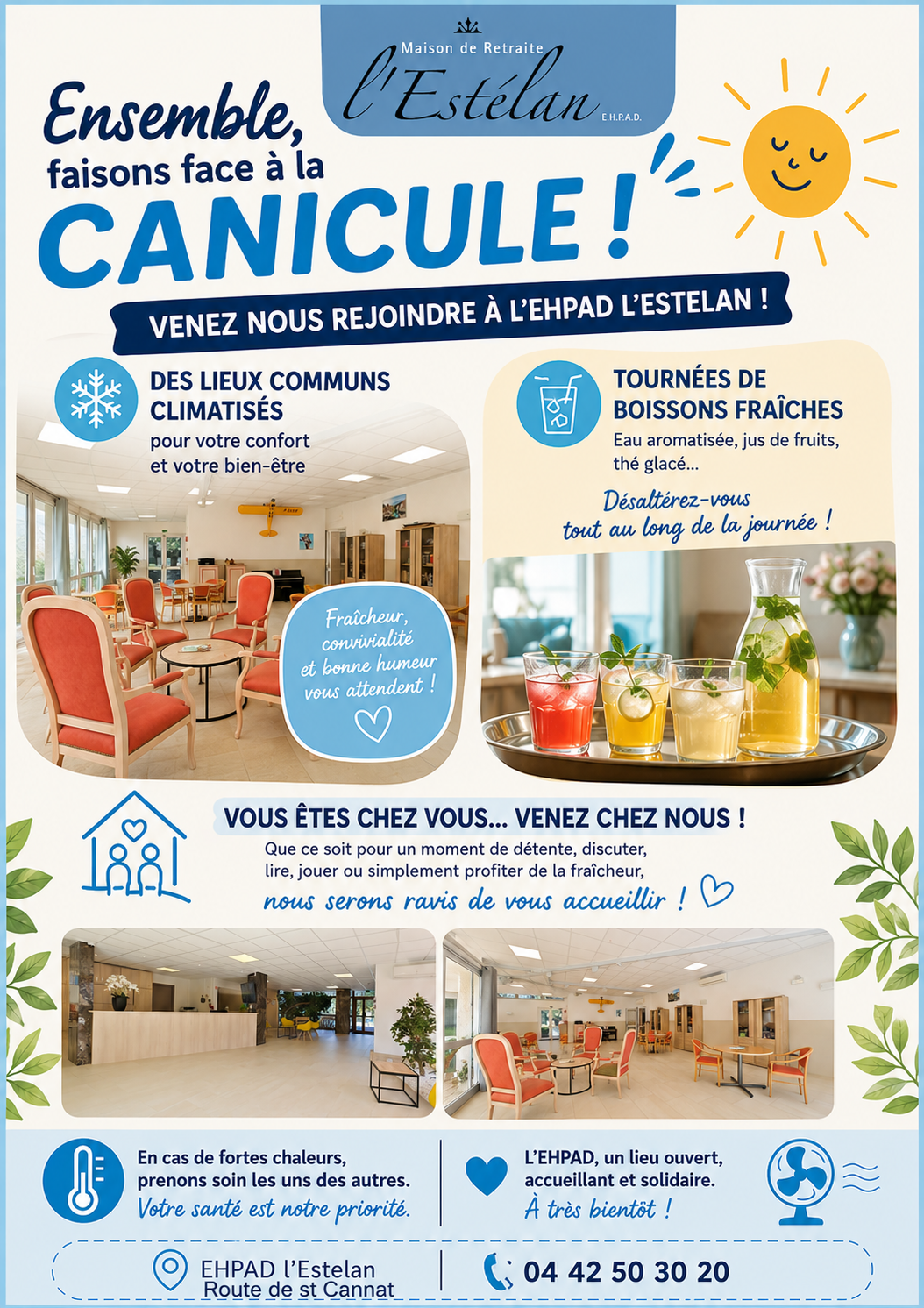 Affiche invitant le public à venir profiter d'une pause au frais pour échapper à la canicule.