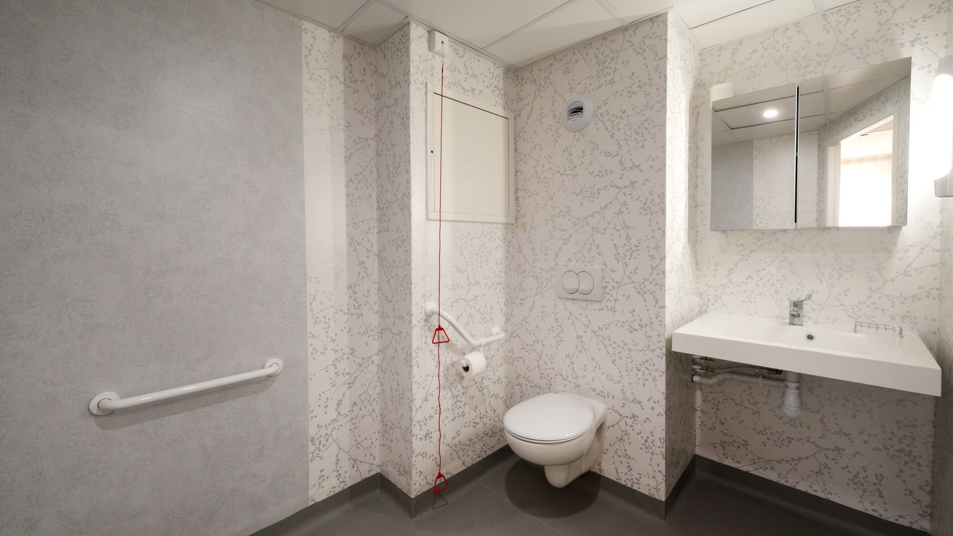 Des toilettes accessibles, équipées de toilettes murales avec barres d'appui, d'un lavabo et d'un miroir.