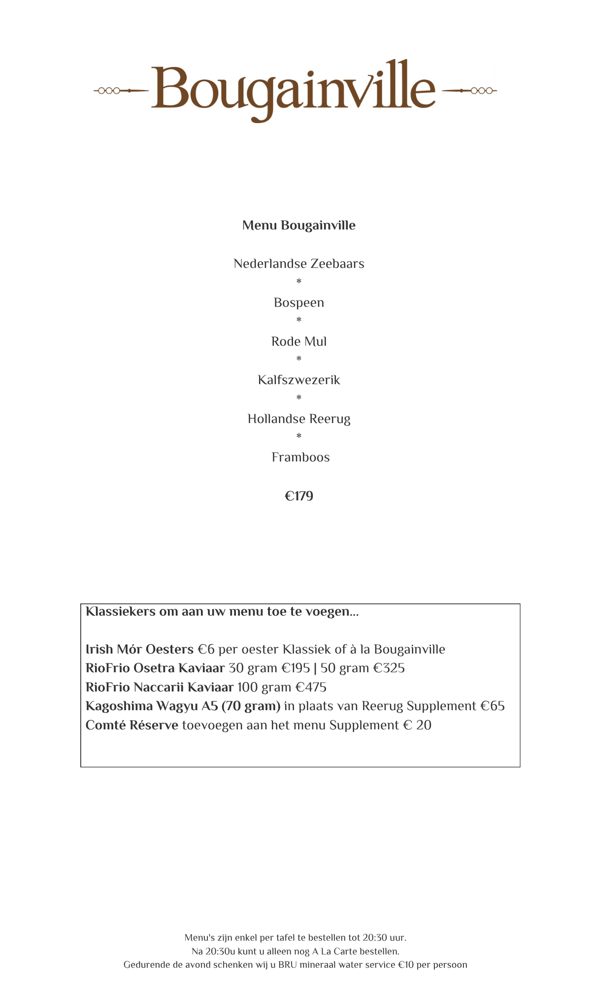 Menukaart voor restaurant Bougainville; bruine tekst op witte achtergrond.