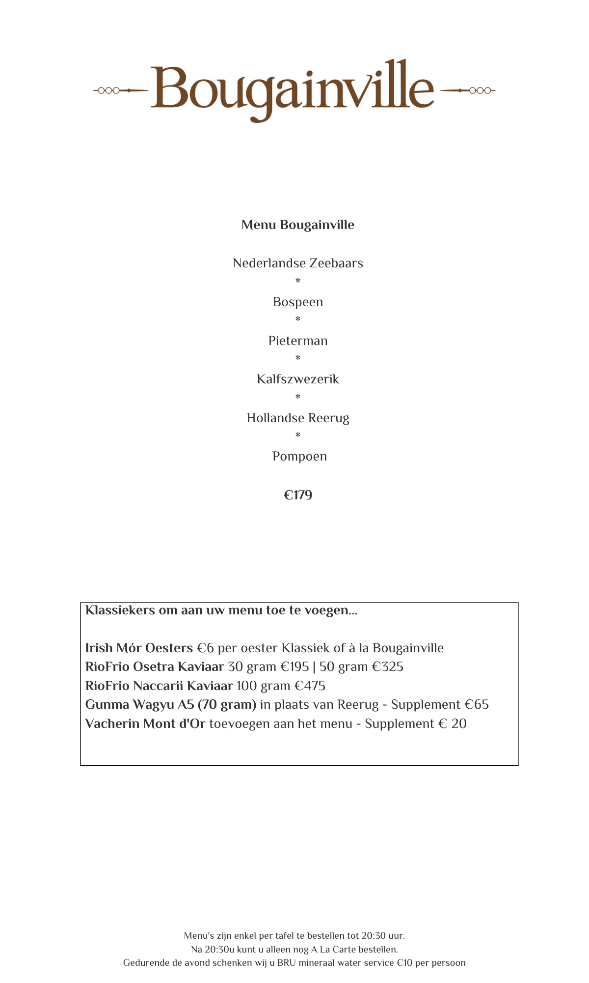 Menukaart voor restaurant Bougainville; bruine tekst op witte achtergrond.