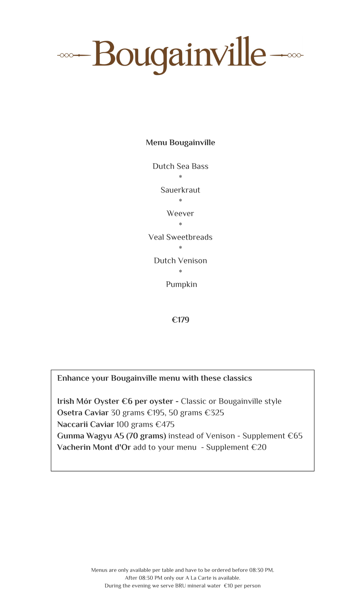 Menu of Bougainville restaurant. Beige and brown color scheme. Includes pricing and menu details.