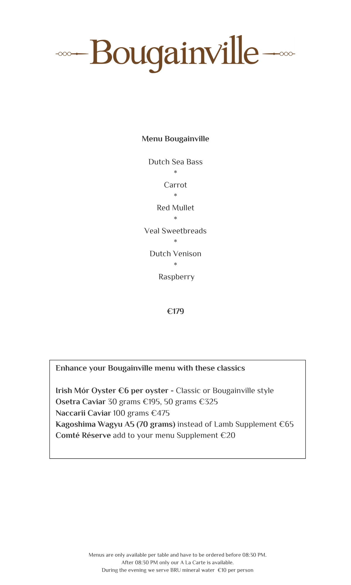 Menu of Bougainville restaurant. Beige and brown color scheme. Includes pricing and menu details.