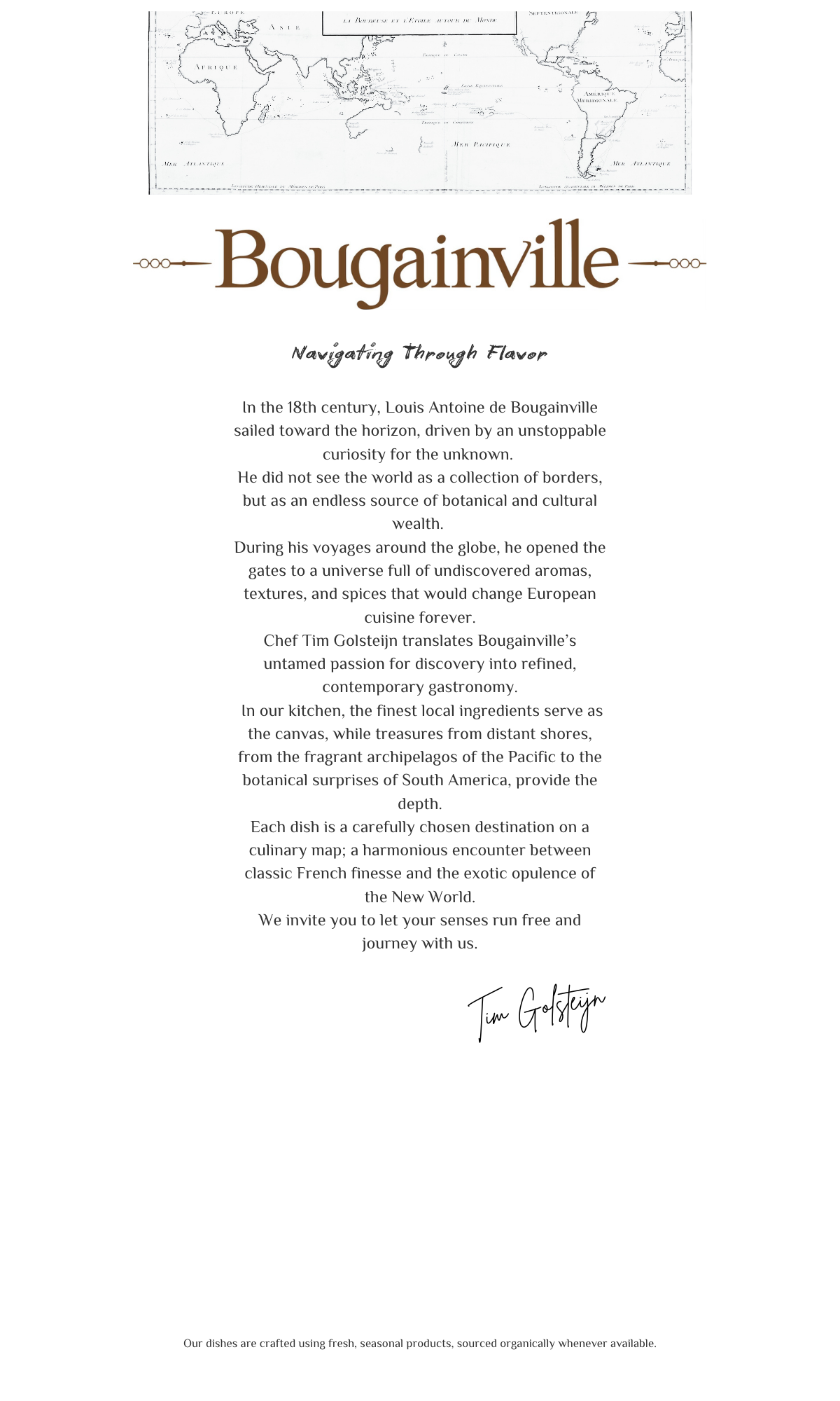 Menu of Bougainville restaurant. Beige and brown color scheme. Includes pricing and menu details.