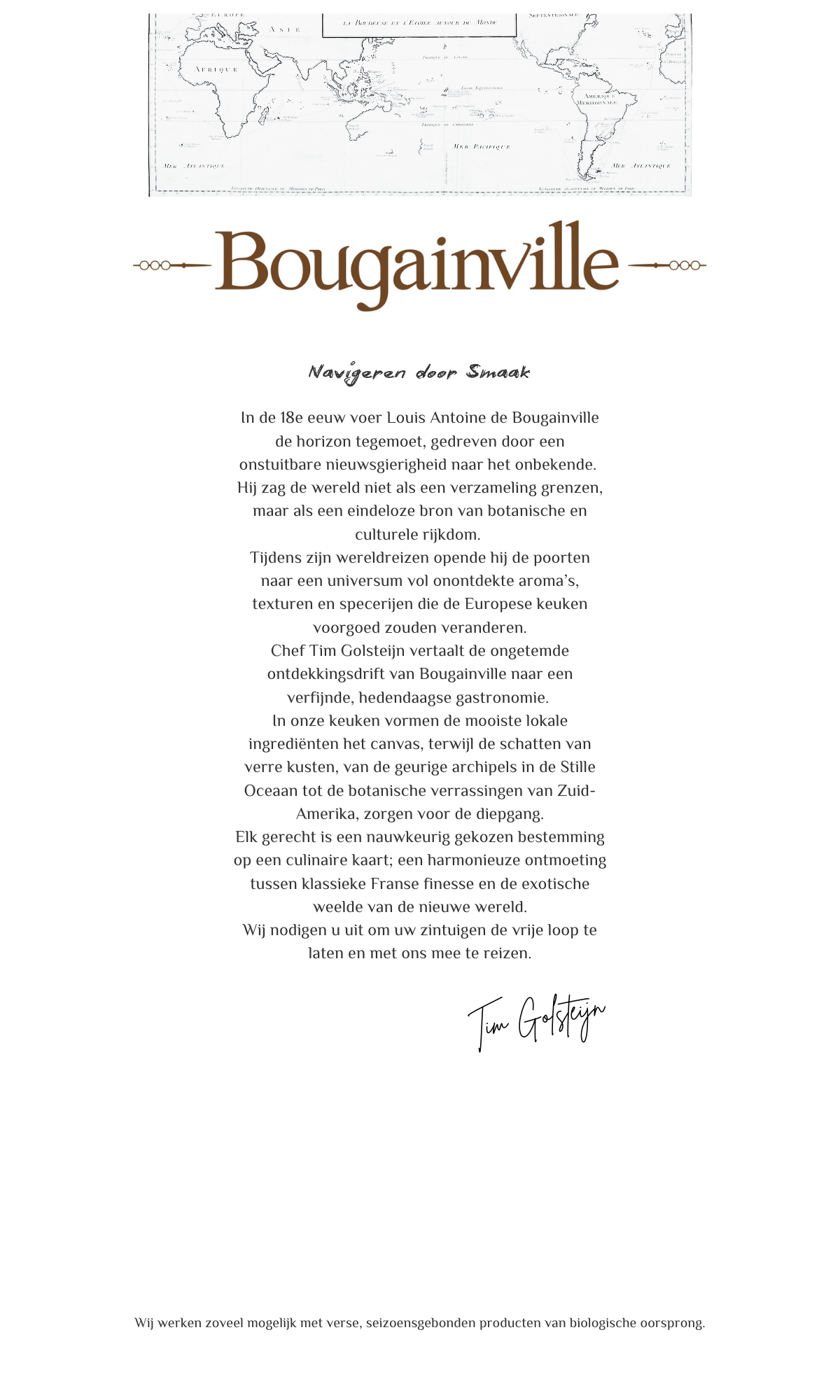 Menukaart voor restaurant Bougainville; bruine tekst op witte achtergrond.