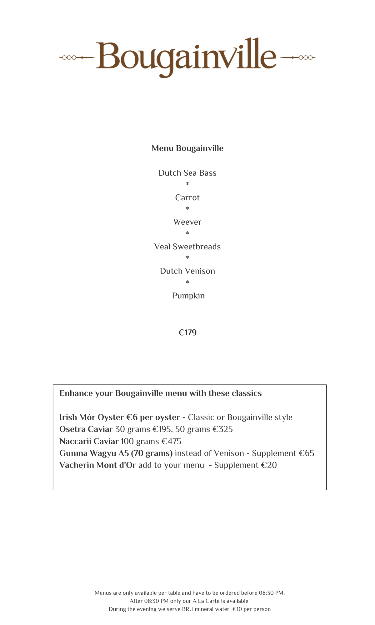Menu of Bougainville restaurant. Beige and brown color scheme. Includes pricing and menu details.