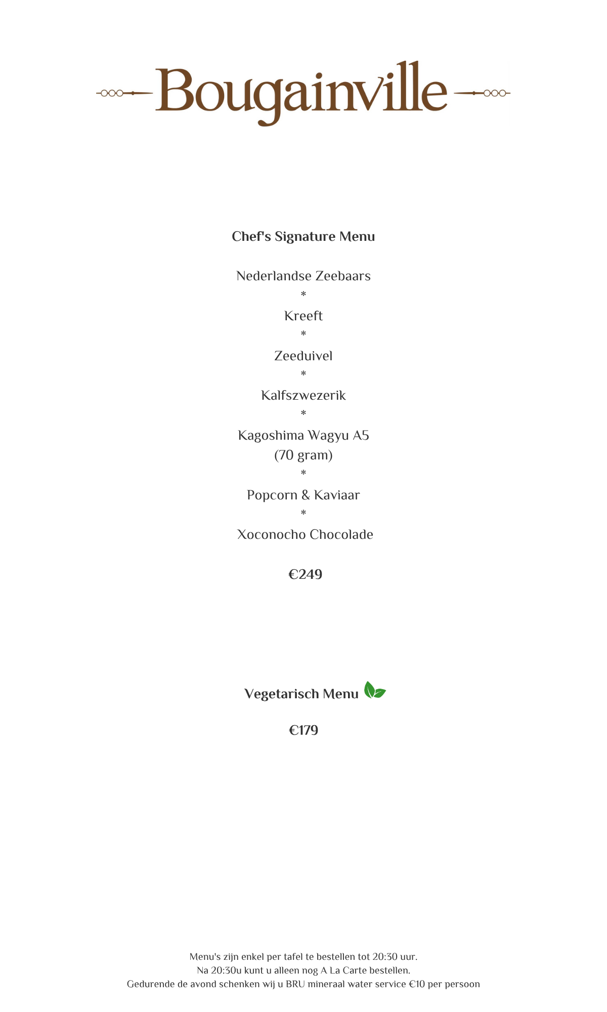 Menu van Bougainville met bruine tekst op wit, met een overzicht van de gerechten en prijzen.