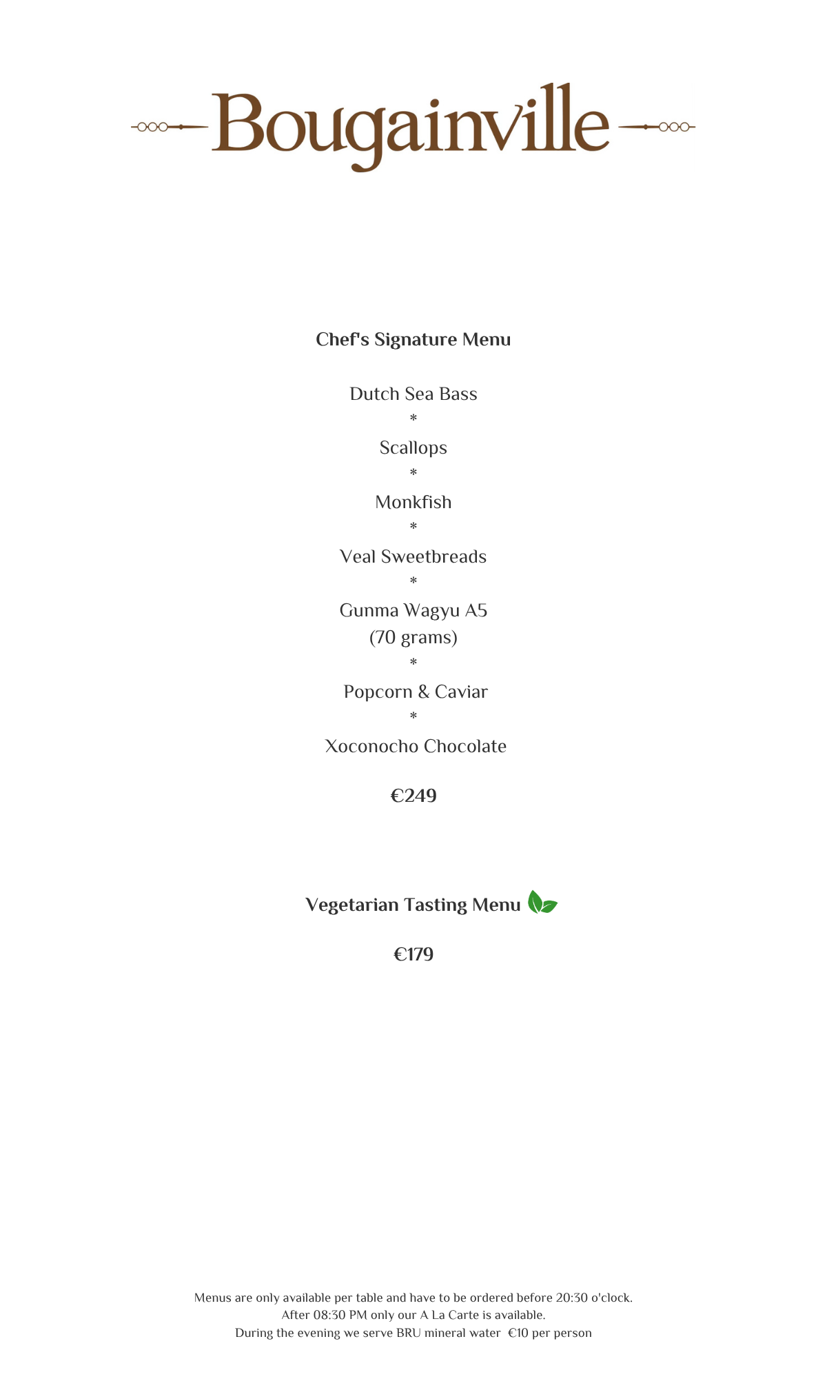 Bougainville restaurant menu with brown text on white background.