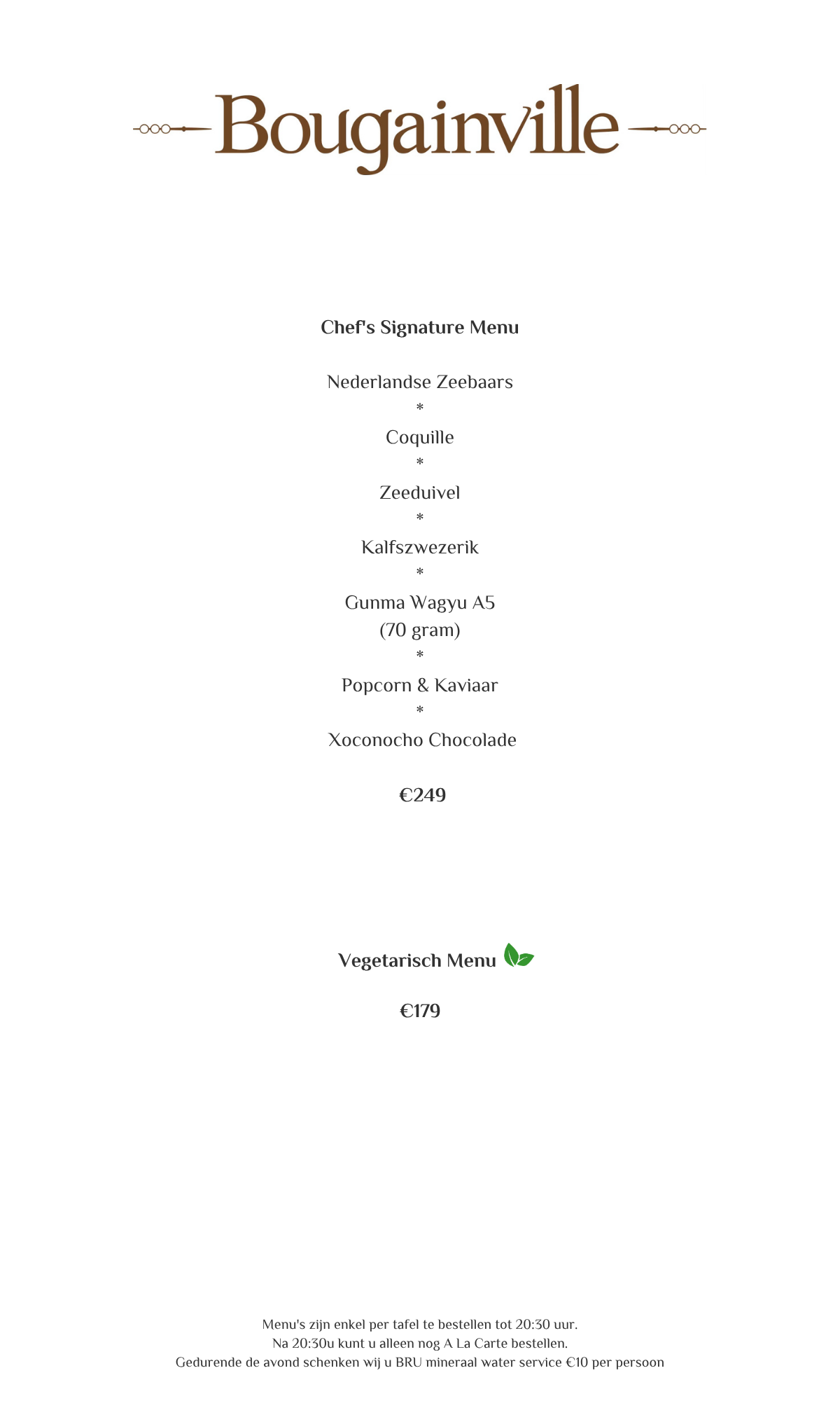 Menu van Bougainville met bruine tekst op wit, met een overzicht van de gerechten en prijzen.