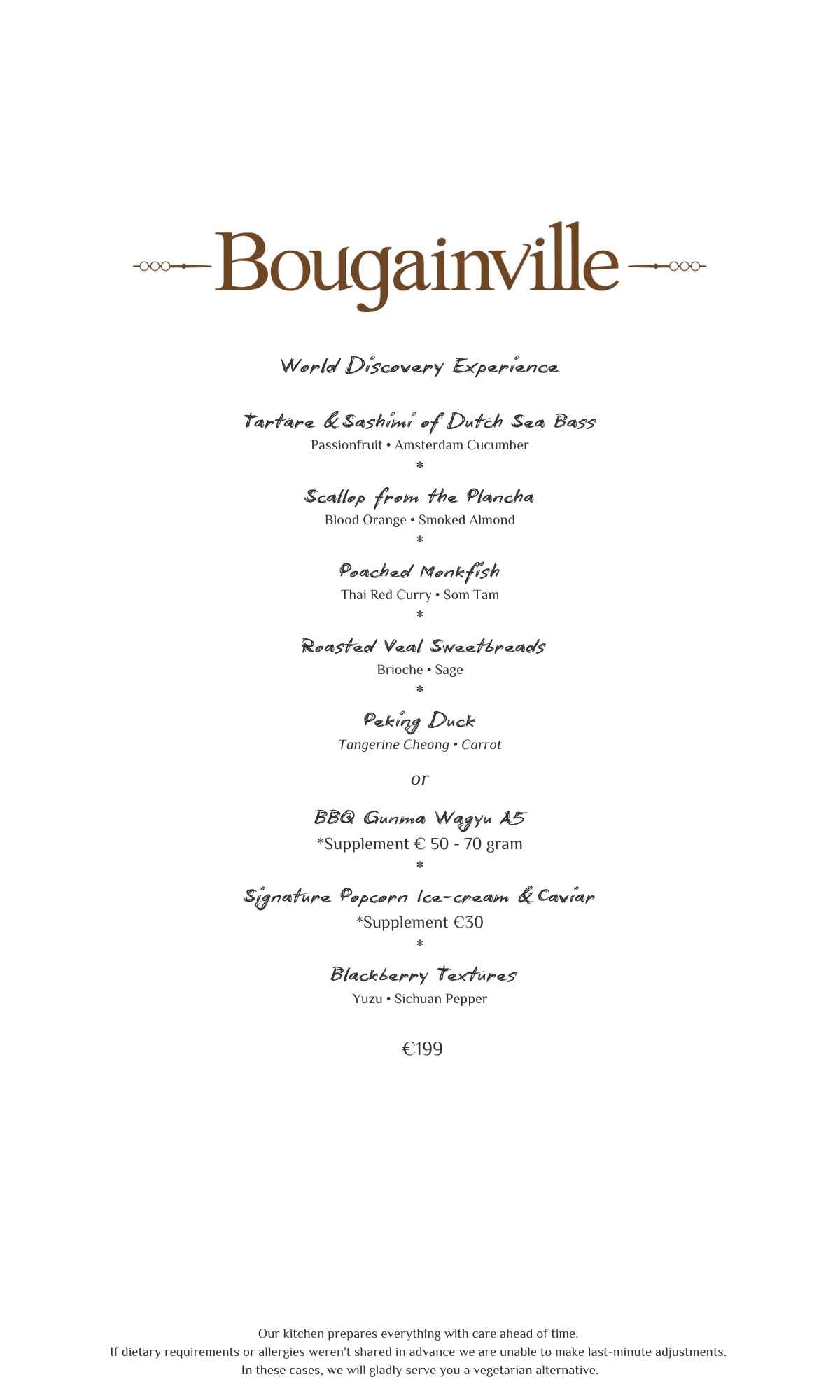 Bougainville restaurant menu with brown text on white background.