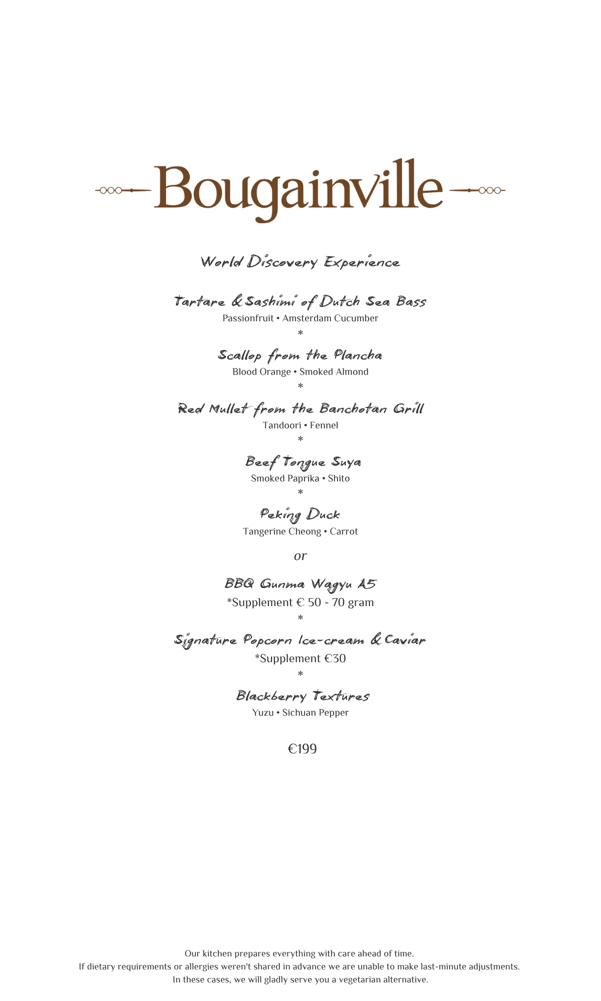 Bougainville restaurant menu with brown text on white background.