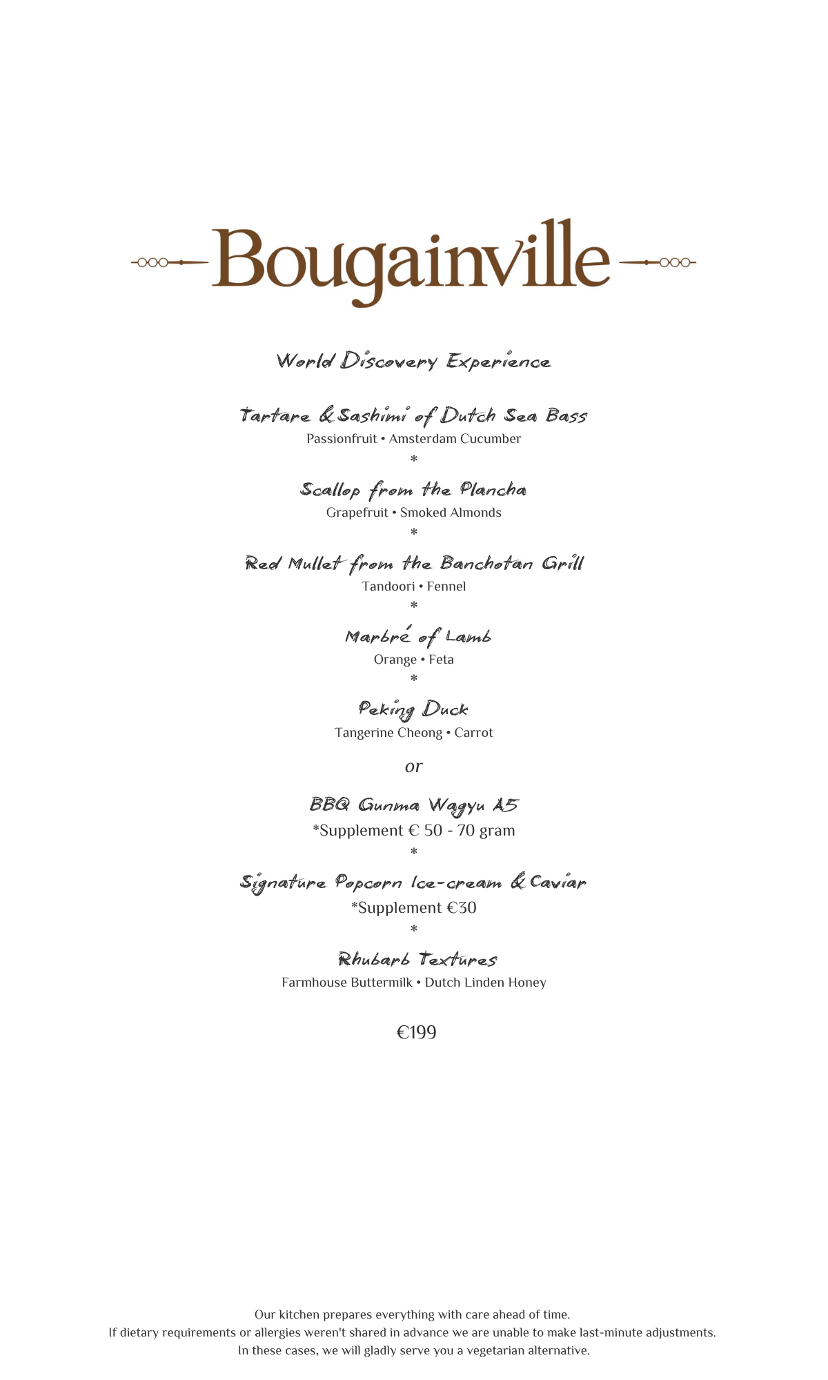 Bougainville restaurant menu with brown text on white background.