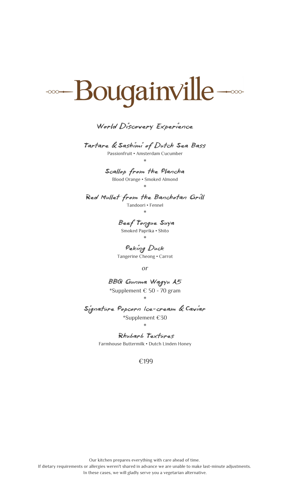 Bougainville restaurant menu with brown text on white background.