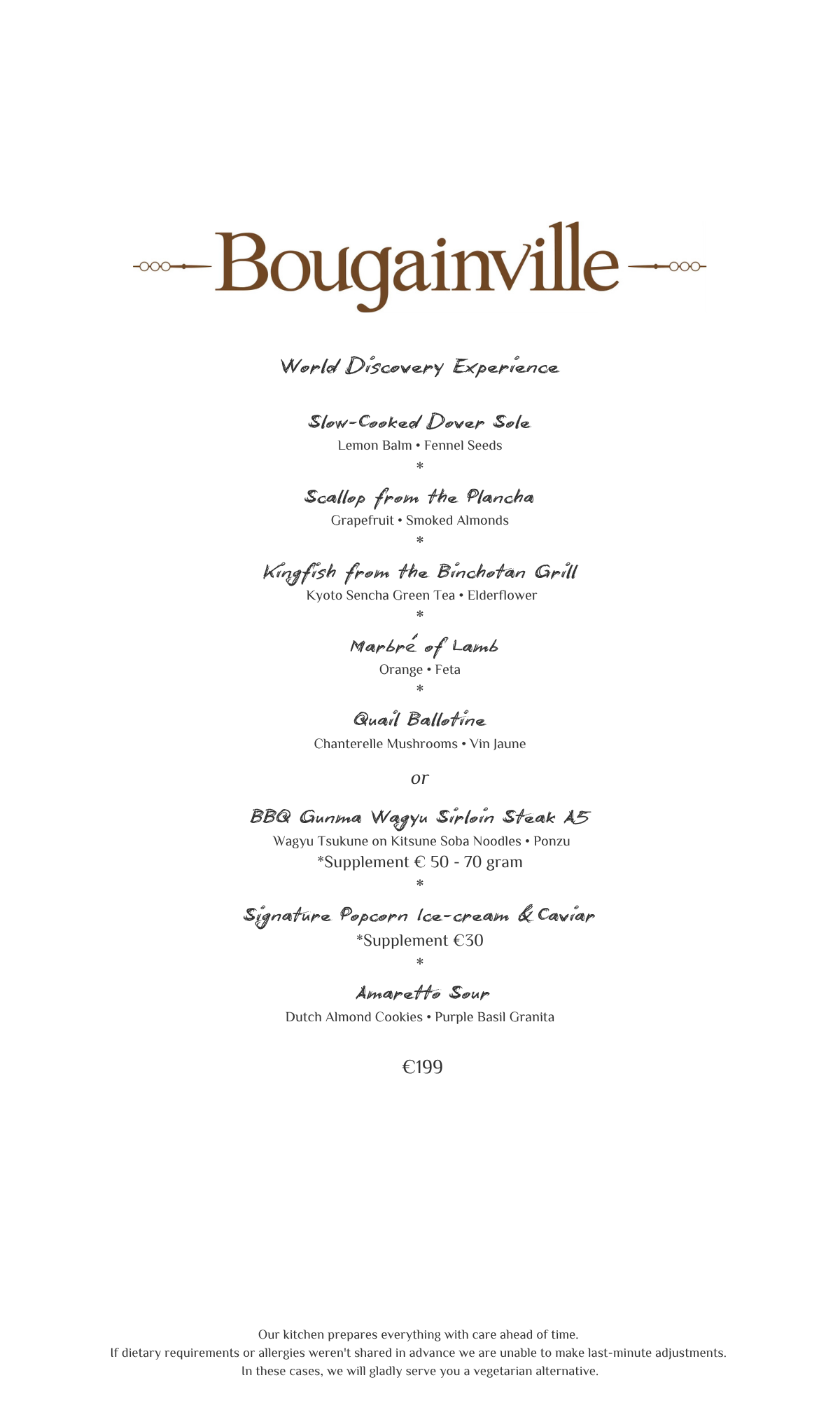 Bougainville restaurant menu with brown text on white background.