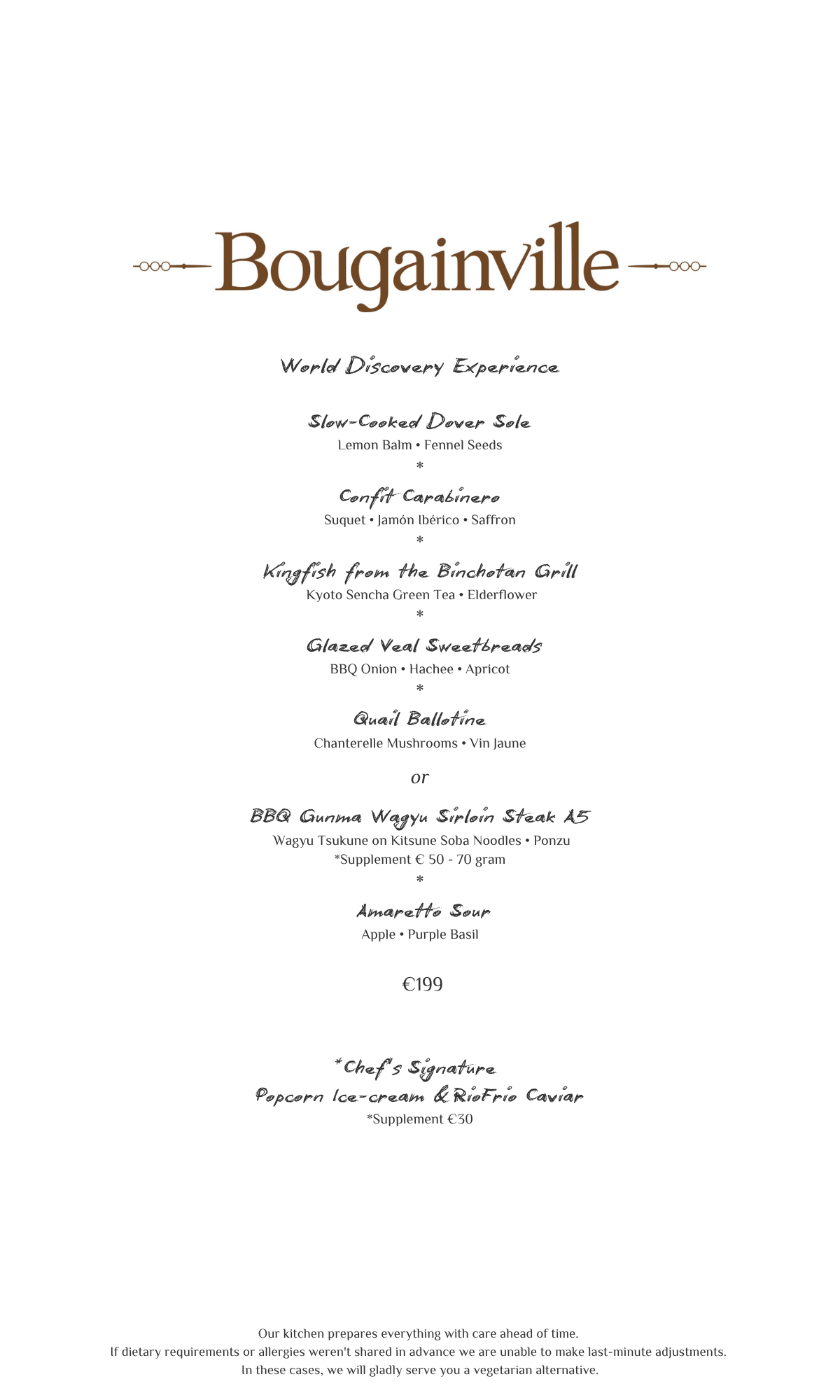 Bougainville restaurant menu with brown text on white background.