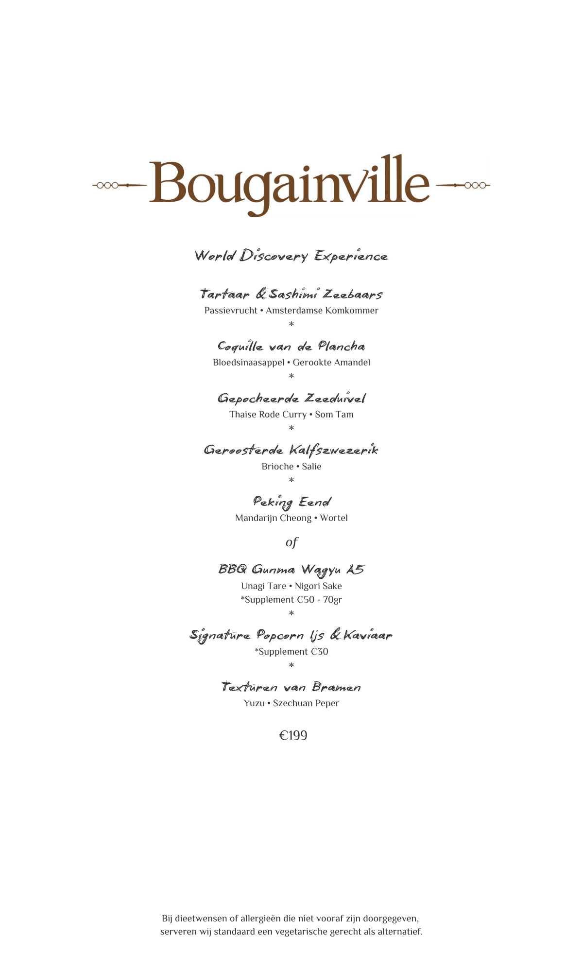 Menu van Bougainville met bruine tekst op wit, met een overzicht van de gerechten en prijzen.