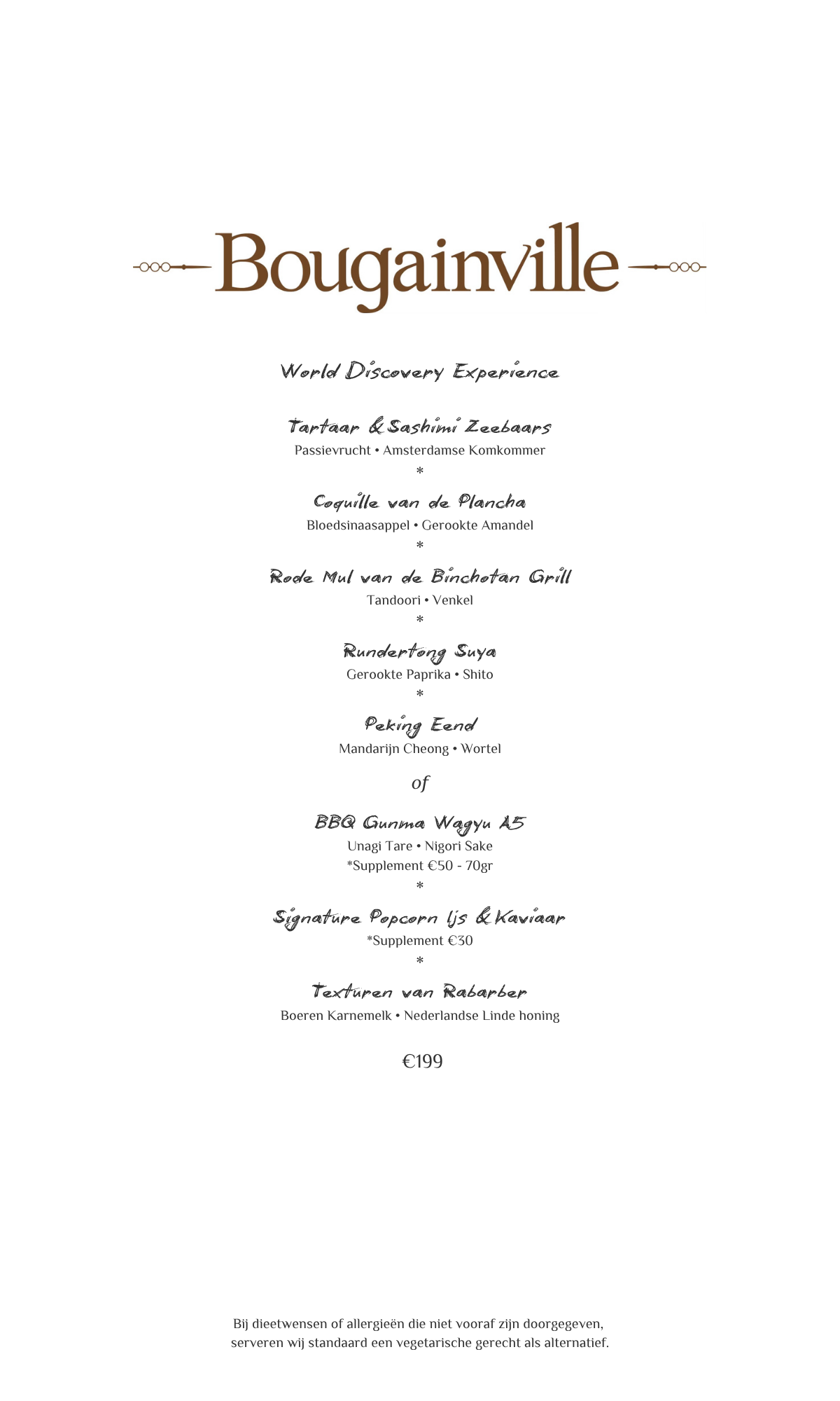 Menu van Bougainville met bruine tekst op wit, met een overzicht van de gerechten en prijzen.