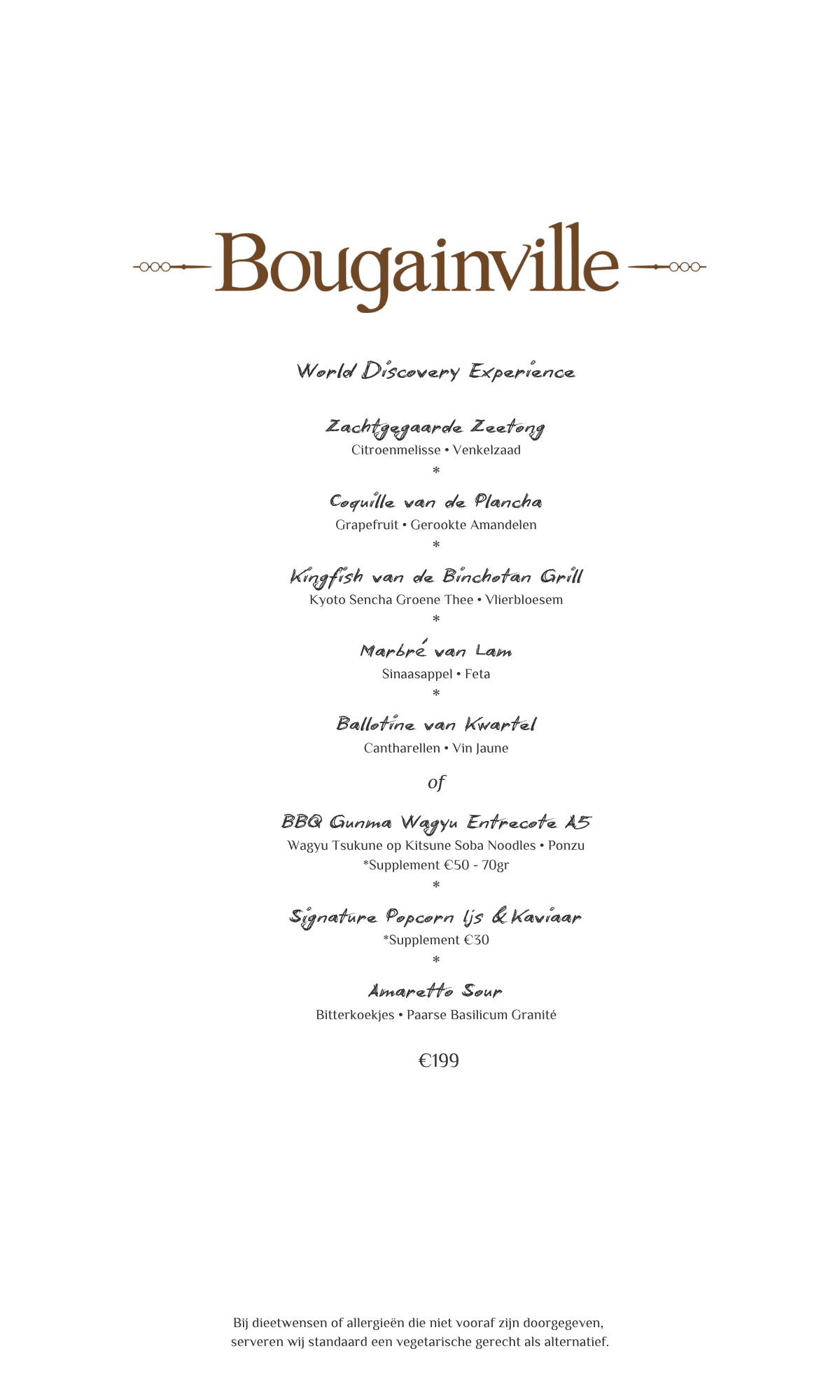 Menu van Bougainville met bruine tekst op wit, met een overzicht van de gerechten en prijzen.