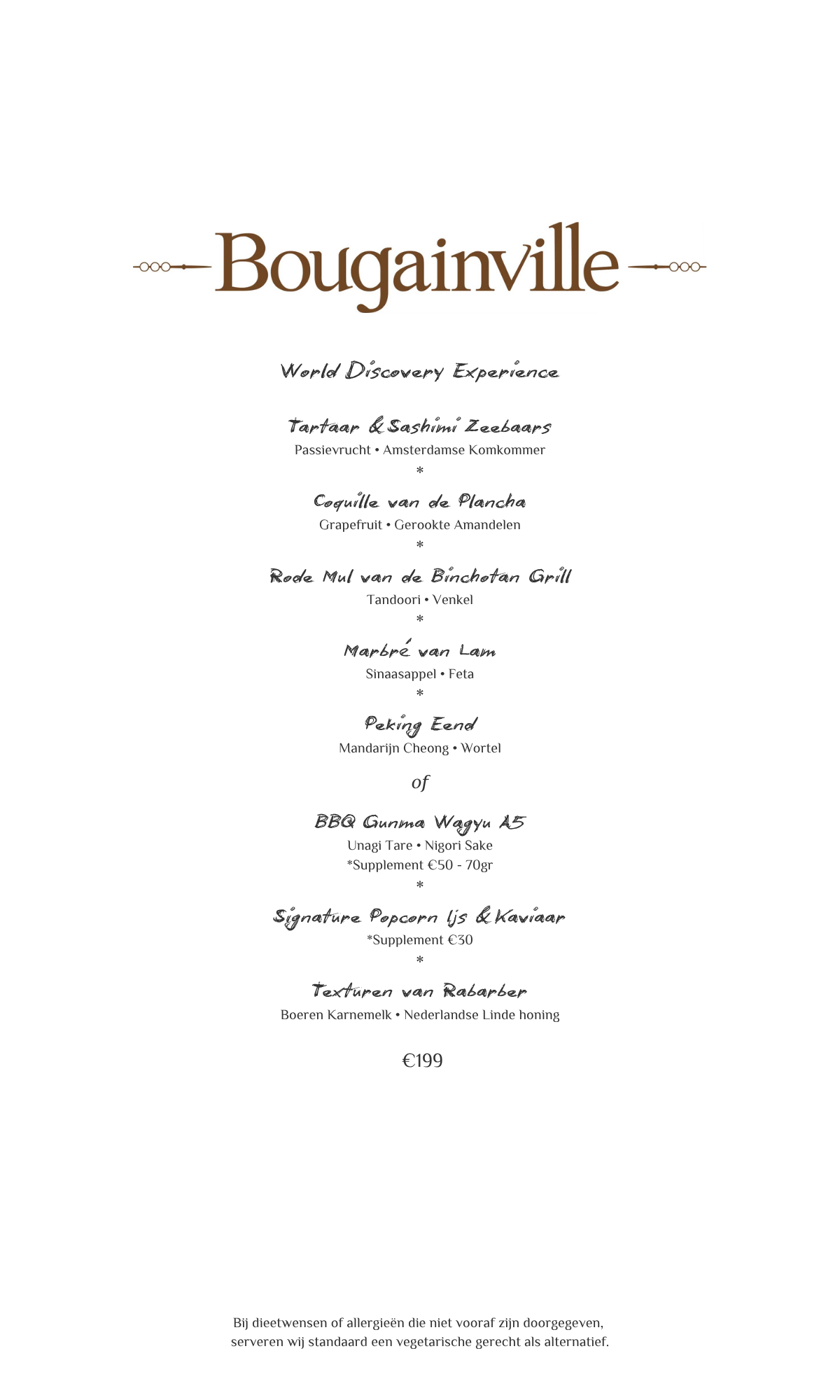 Menu van Bougainville met bruine tekst op wit, met een overzicht van de gerechten en prijzen.