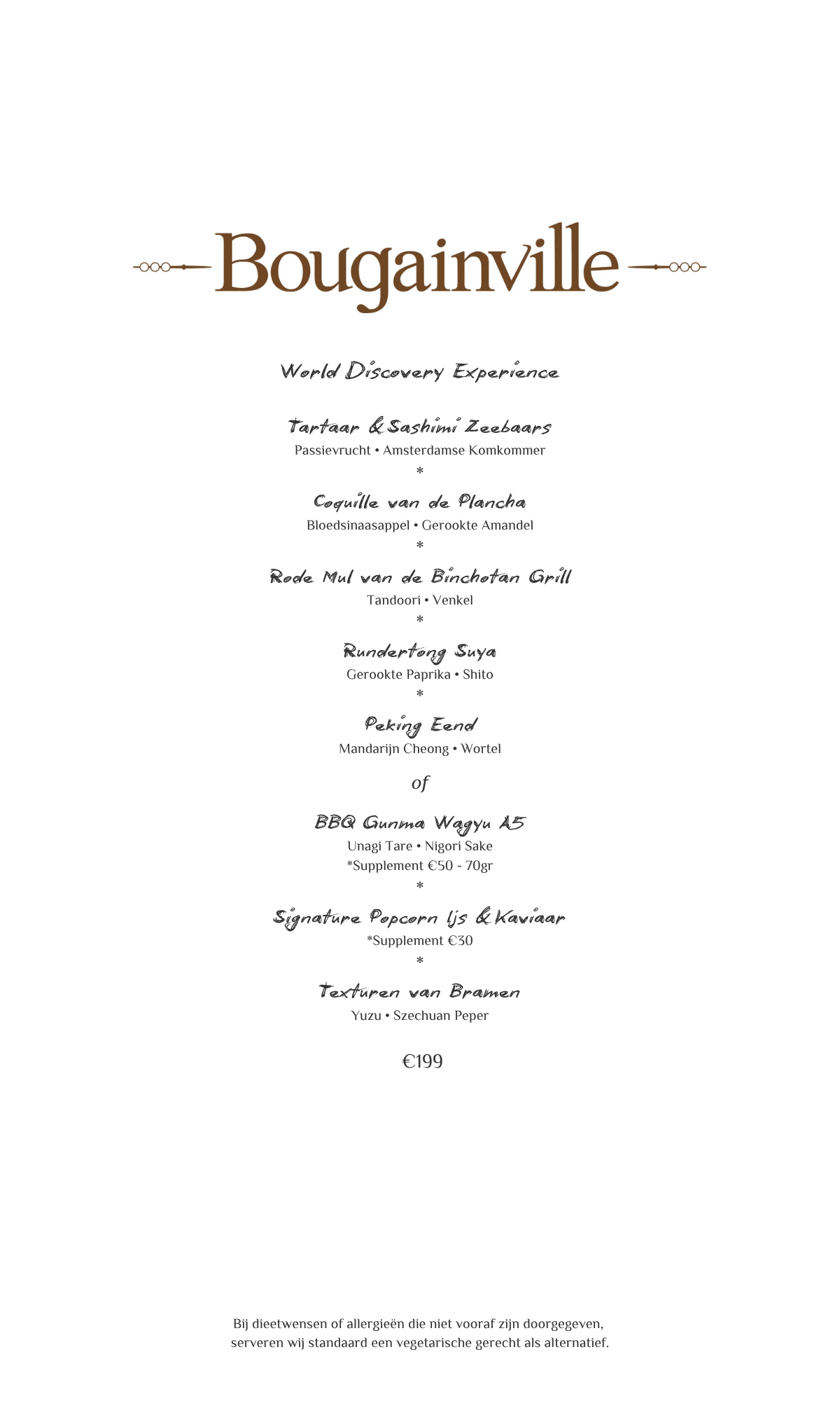 Menu van Bougainville met bruine tekst op wit, met een overzicht van de gerechten en prijzen.