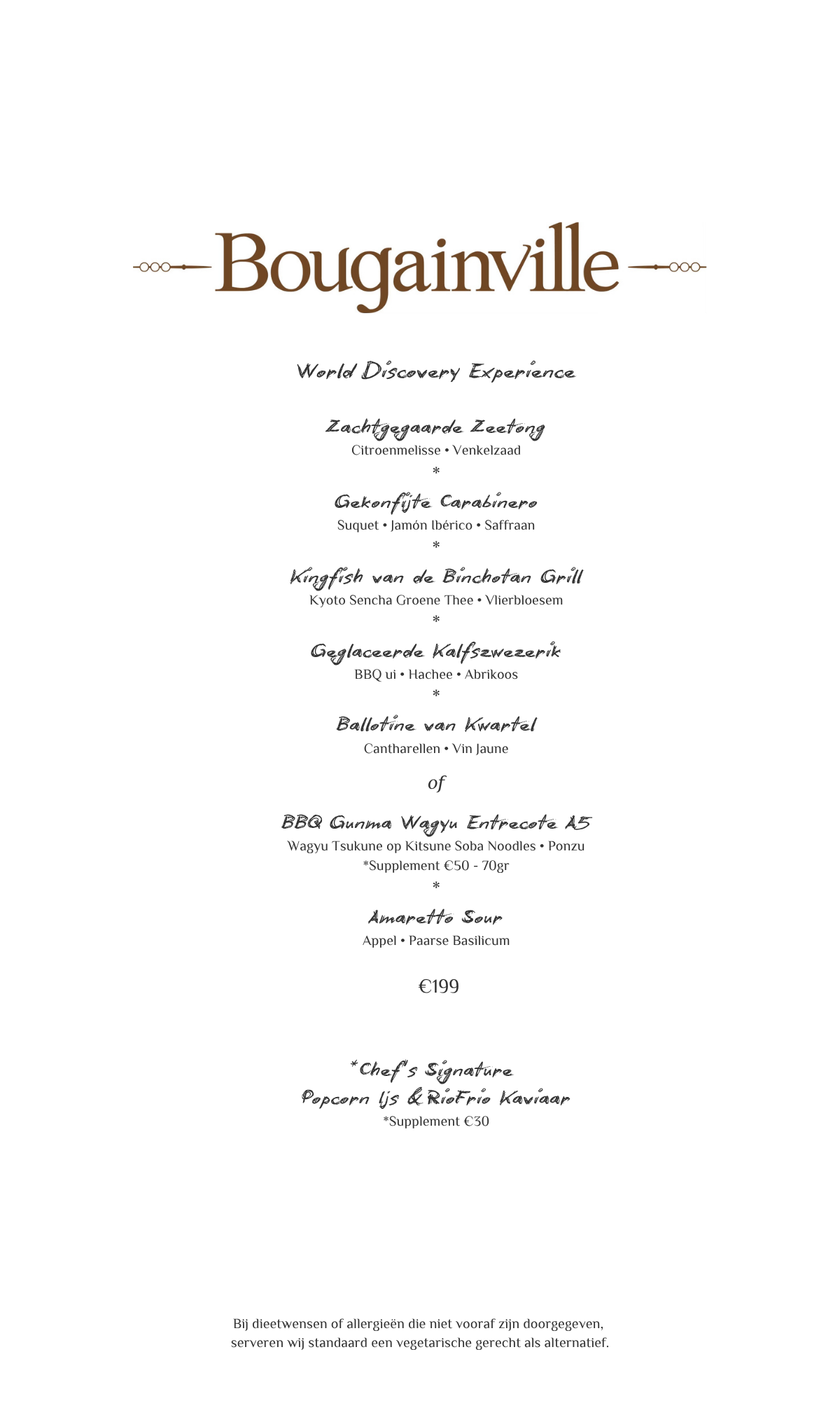 Menu van Bougainville met bruine tekst op wit, met een overzicht van de gerechten en prijzen.