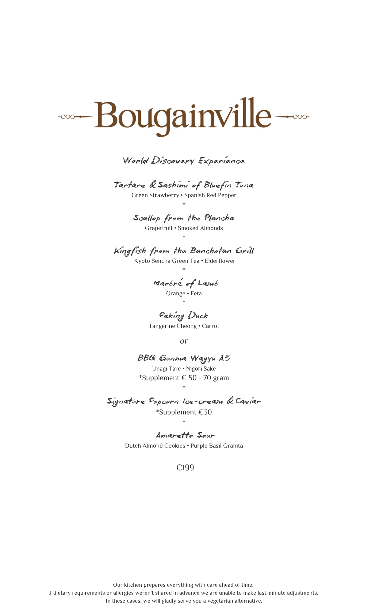 Bougainville restaurant menu with brown text on white background.