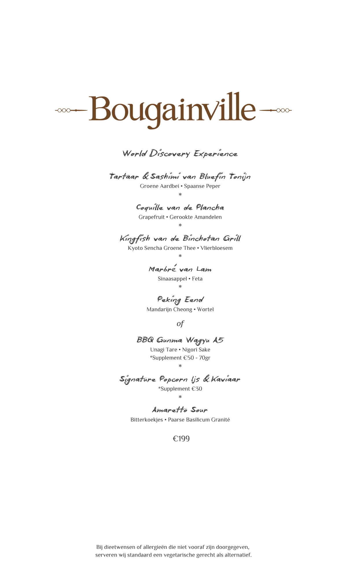 Menu van Bougainville met bruine tekst op wit, met een overzicht van de gerechten en prijzen.