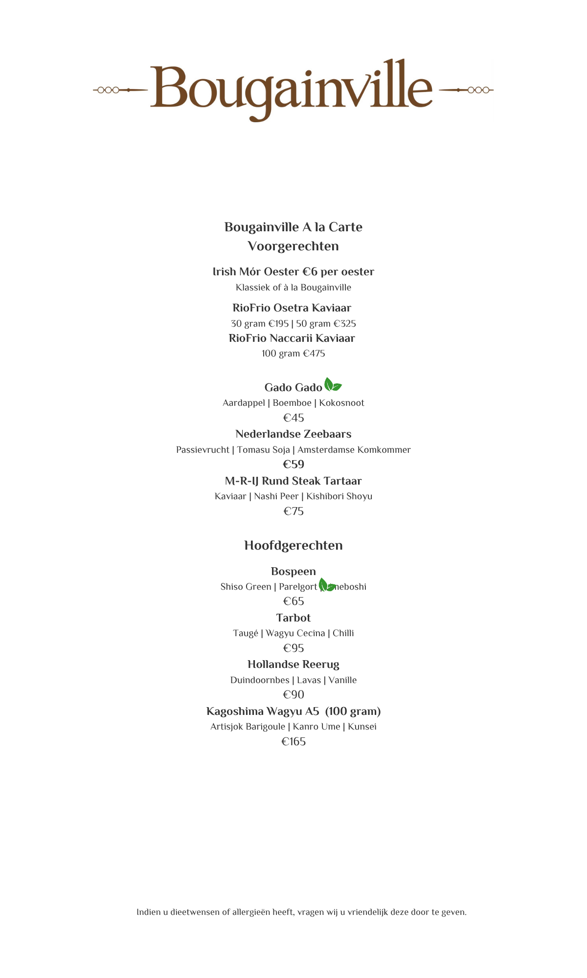 Bougainville-menu met een lijst van items.