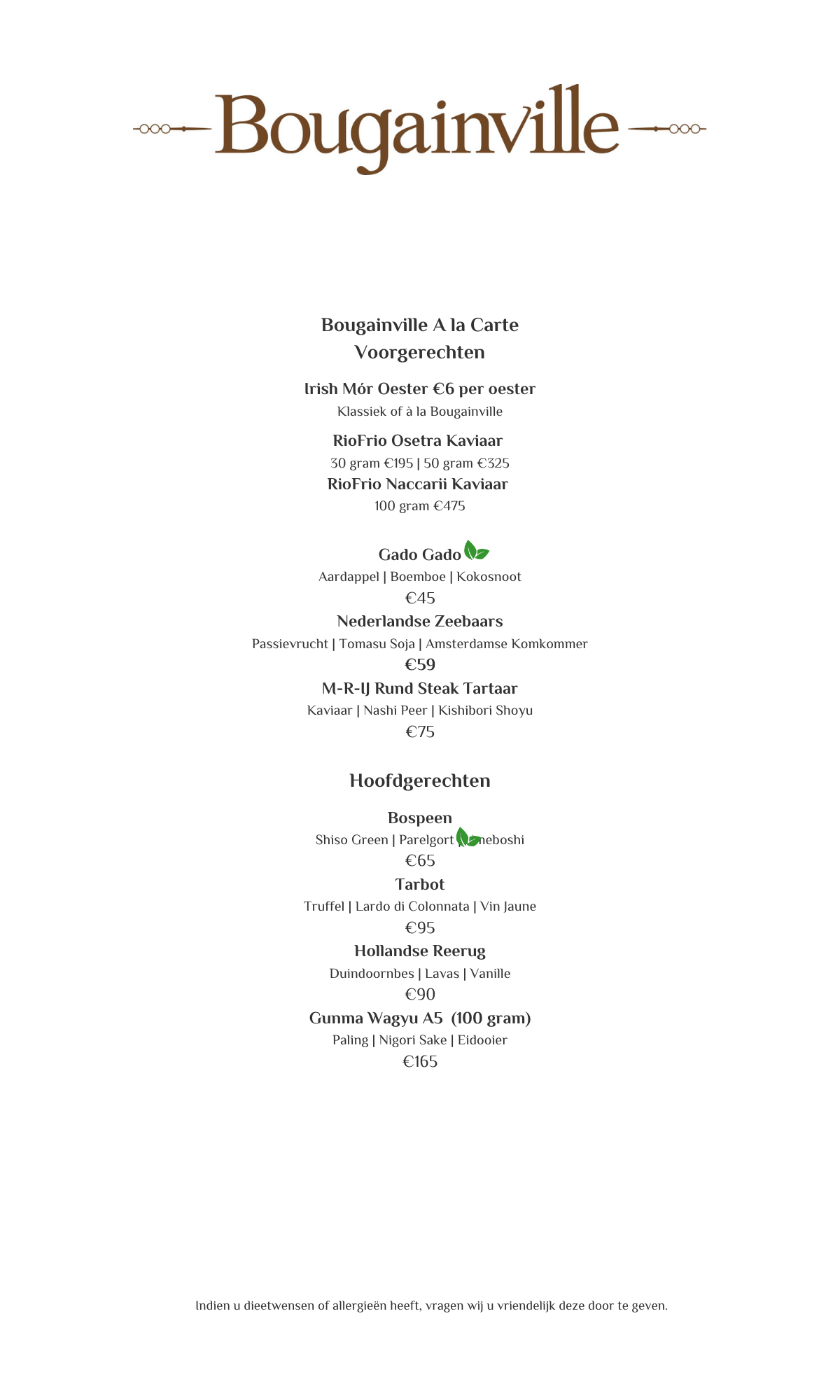 Bougainville-menu met een lijst van items.