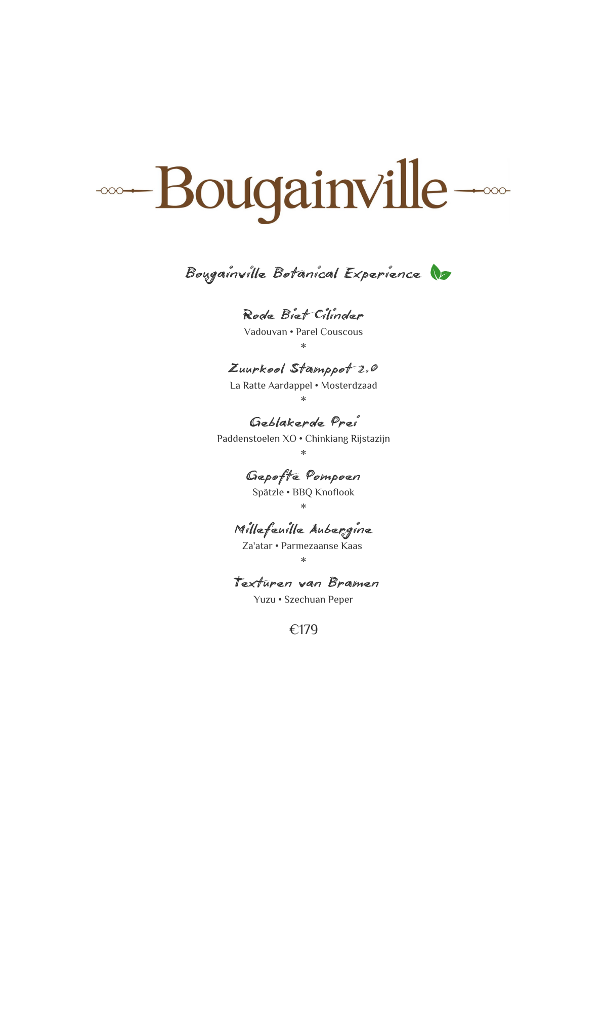 Bougainville-menu met een lijst van items.