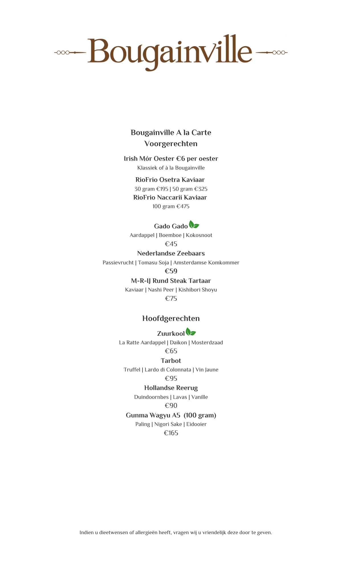 Bougainville-menu met een lijst van items.