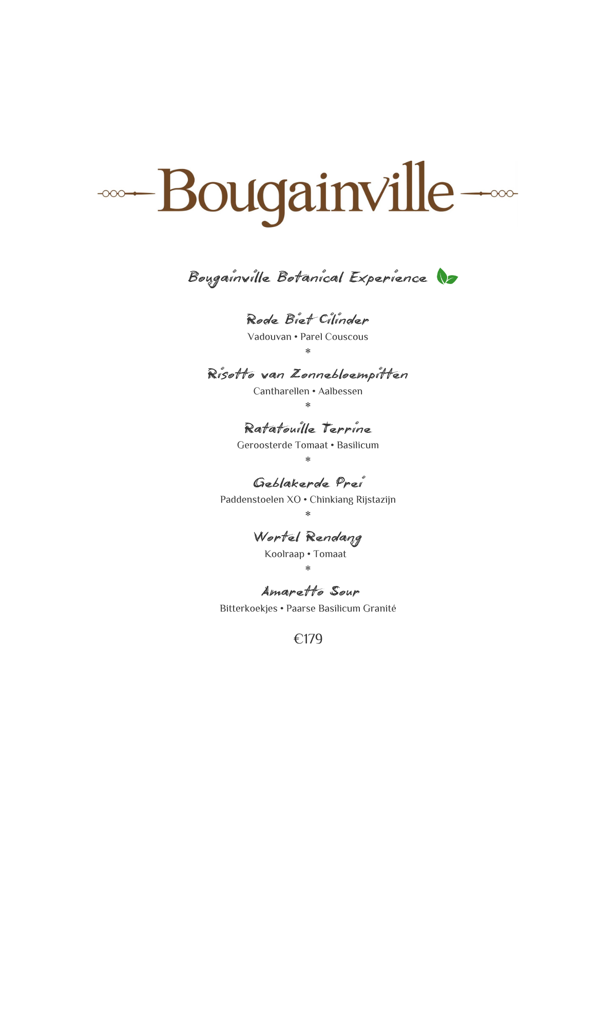 Bougainville-menu met een lijst van items.