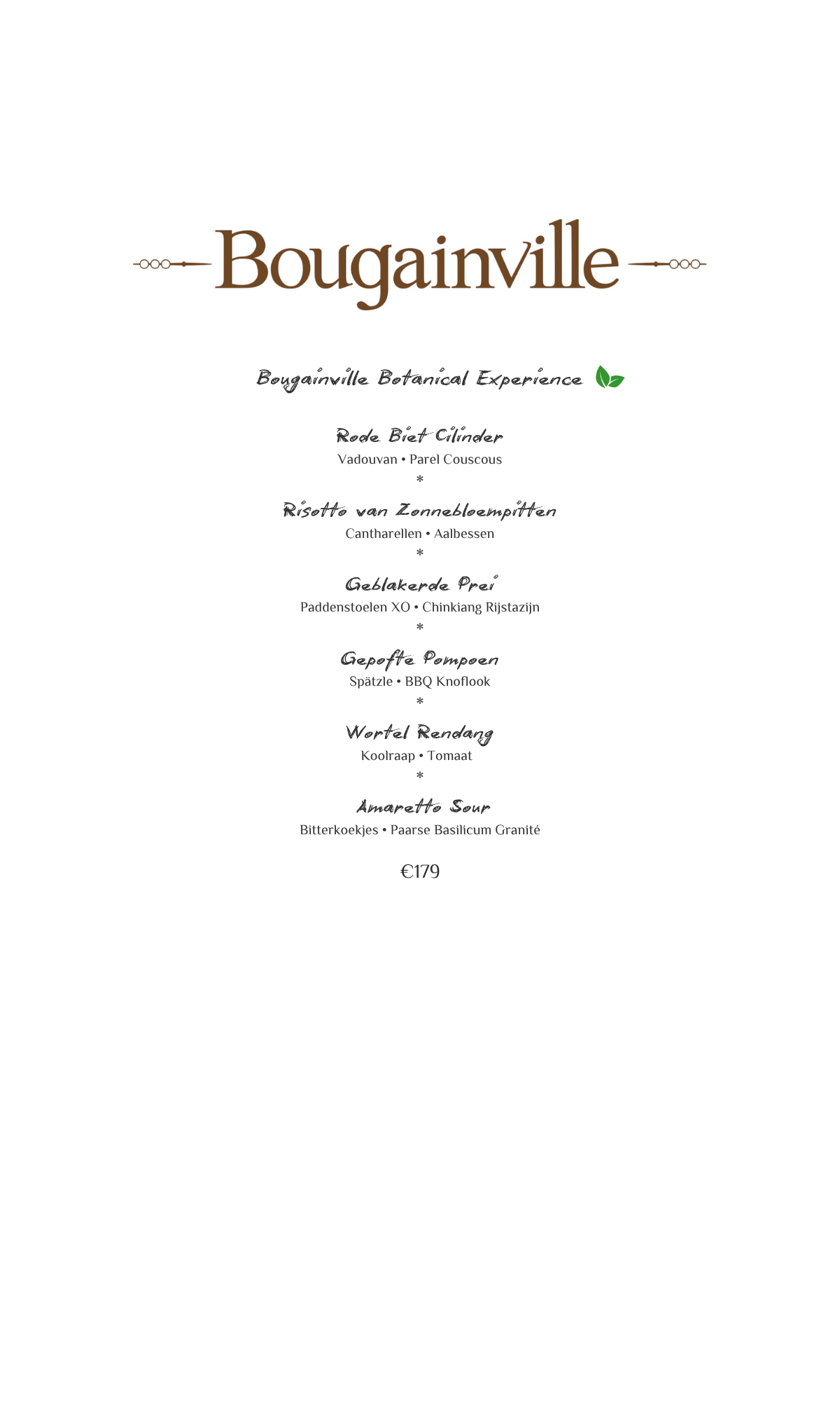 Bougainville-menu met een lijst van items.