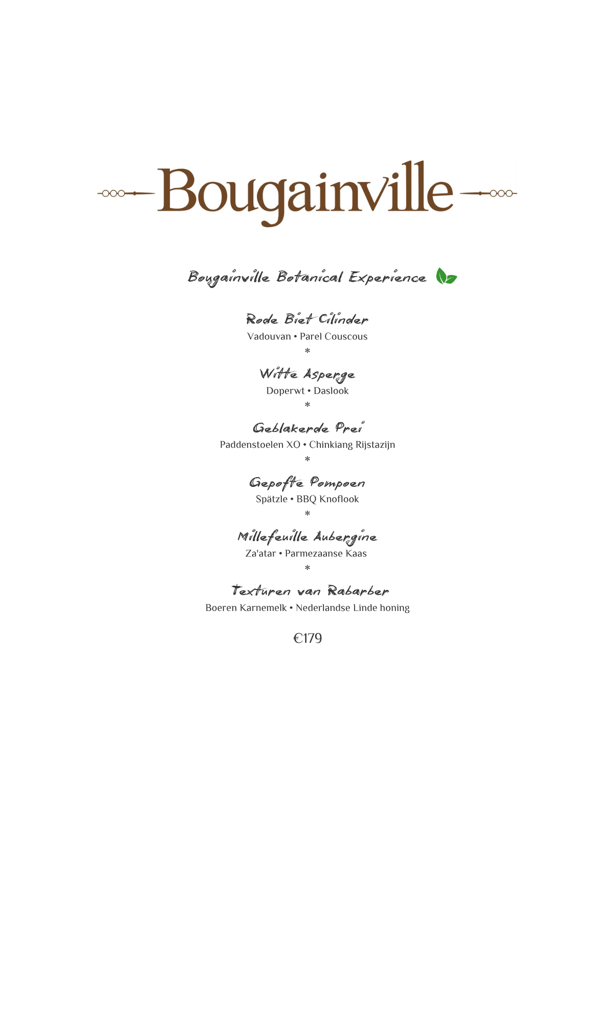 Bougainville-menu met een lijst van items.