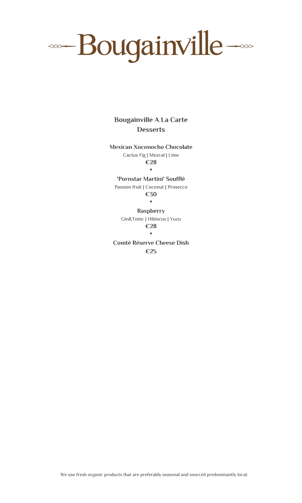 Menu for Bougainville restaurant. Contains text with dish names and prices.