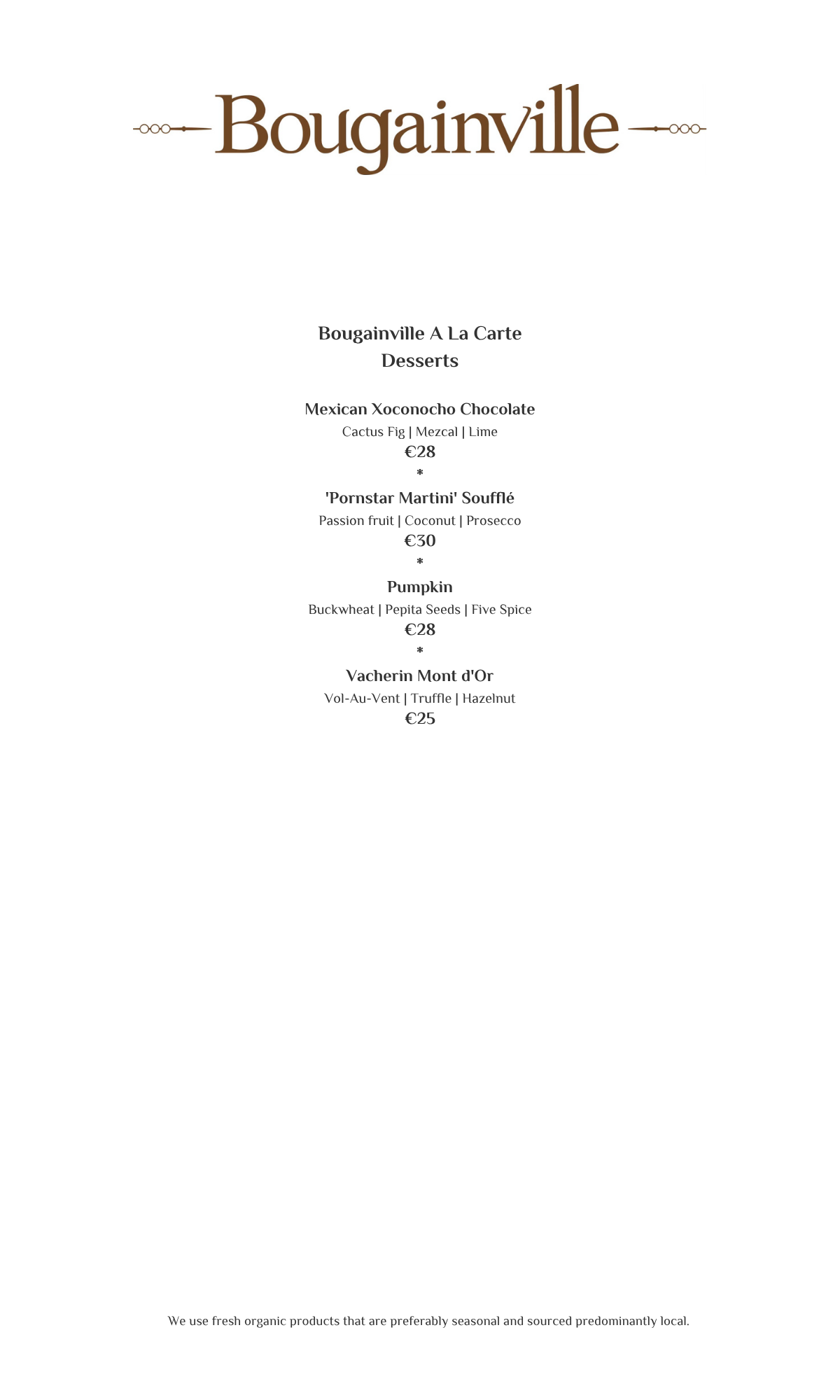 Menu for Bougainville restaurant. Contains text with dish names and prices.