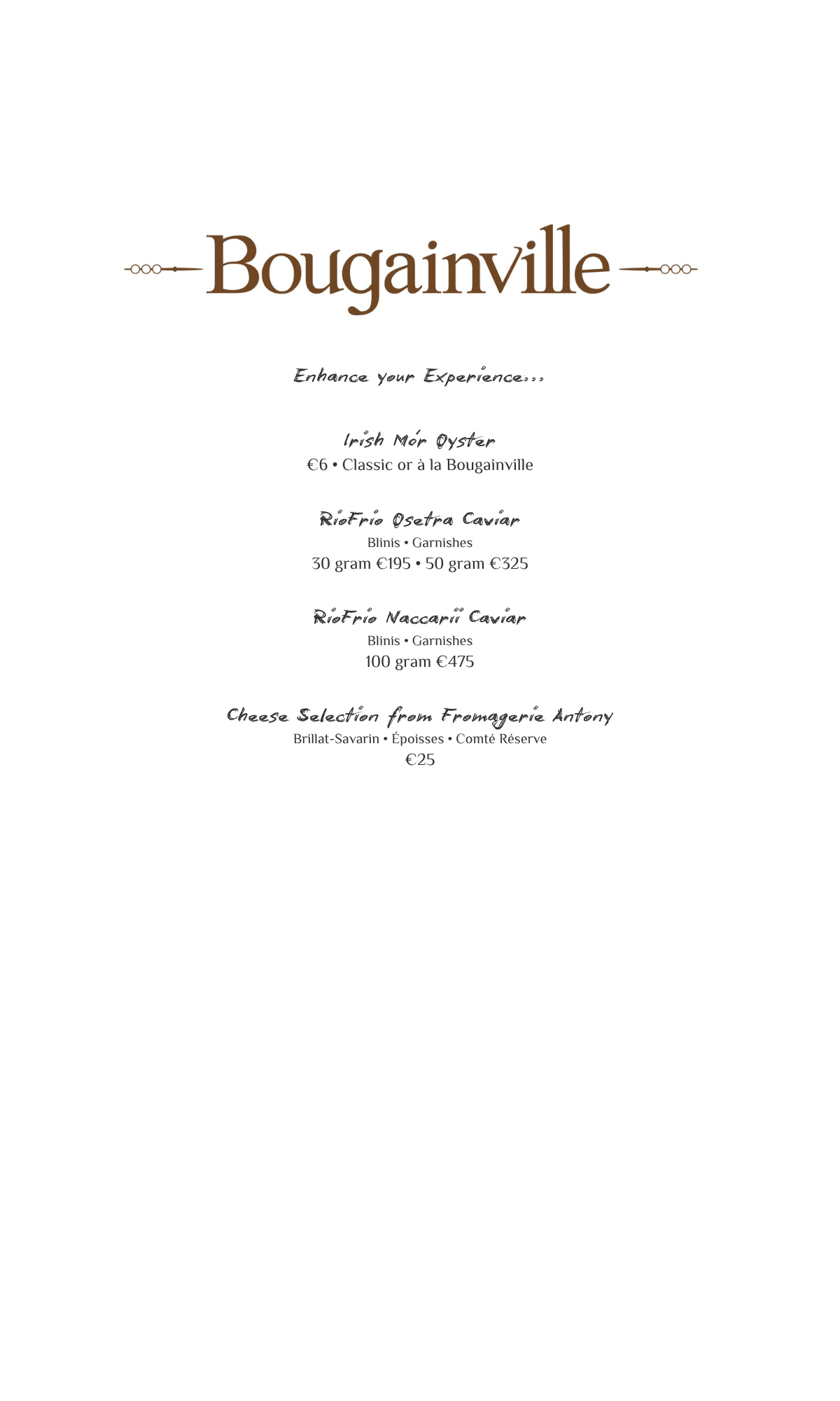 Menu for Bougainville restaurant. Contains text with dish names and prices.