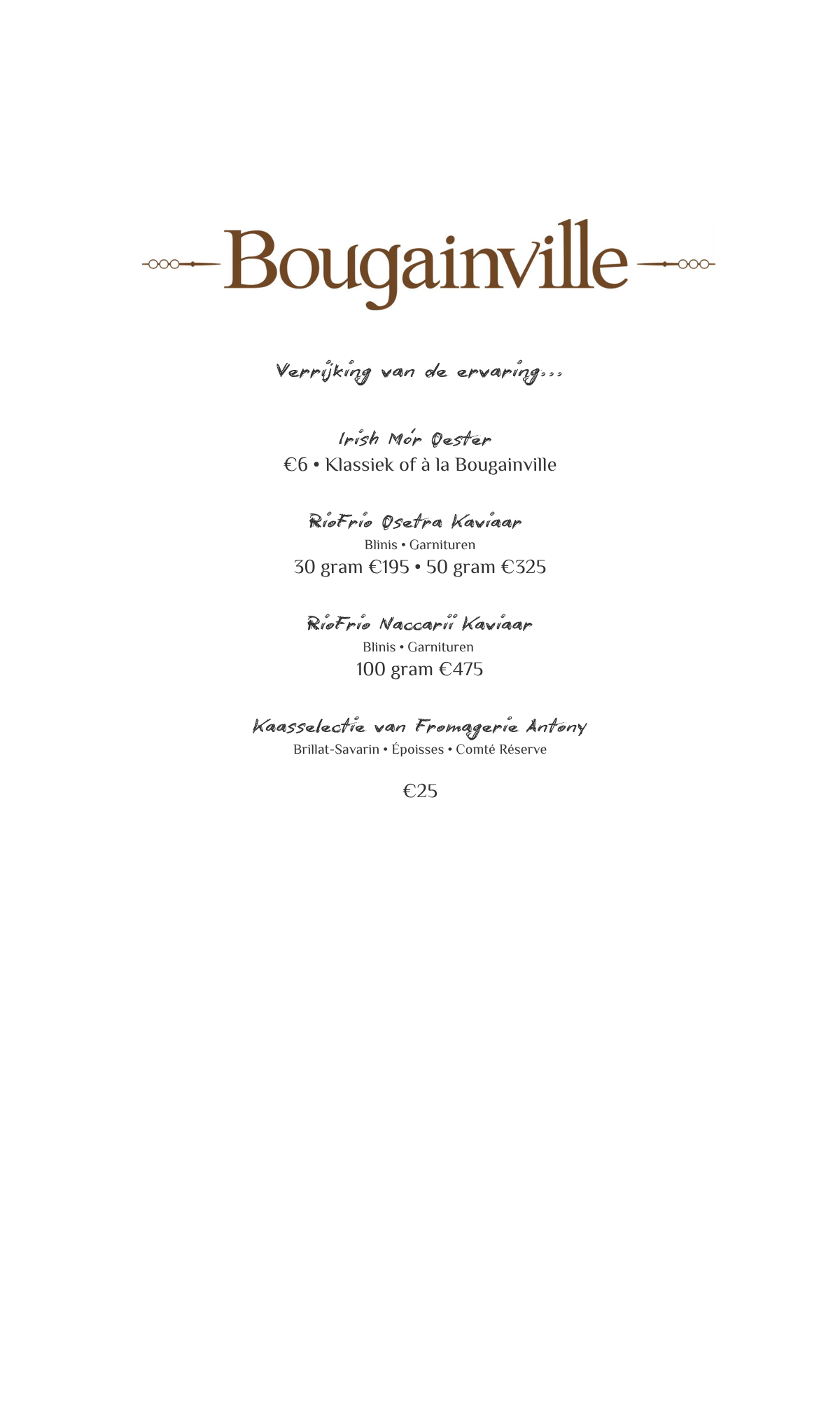 Menukaart voor restaurant