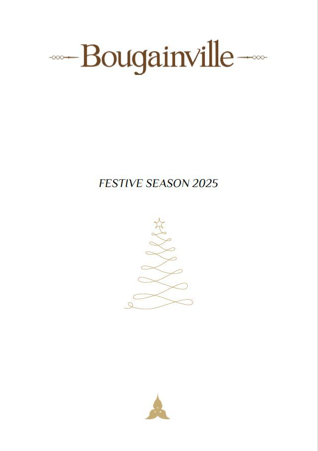 Menu of Bougainville restaurant. Beige and brown color scheme. Includes pricing and menu details.