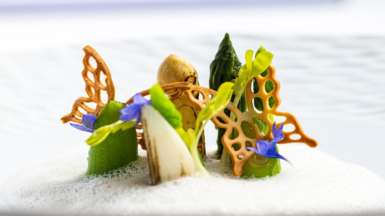 restaurant Bougainville: Elegant, verfijnd bord met schuim, groenten, crackers en eetbare bloemen.