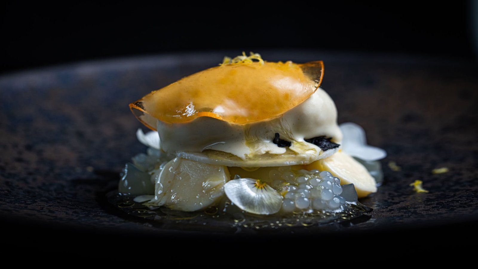 Gourmetdessert restaurant Bougainville: ijs, fruit en een knapperige garnering op een donker bord, elegante presentatie.