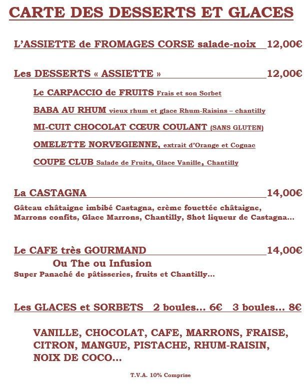 Carte des deserts du restaurant le Club à Grosseto-Prugna