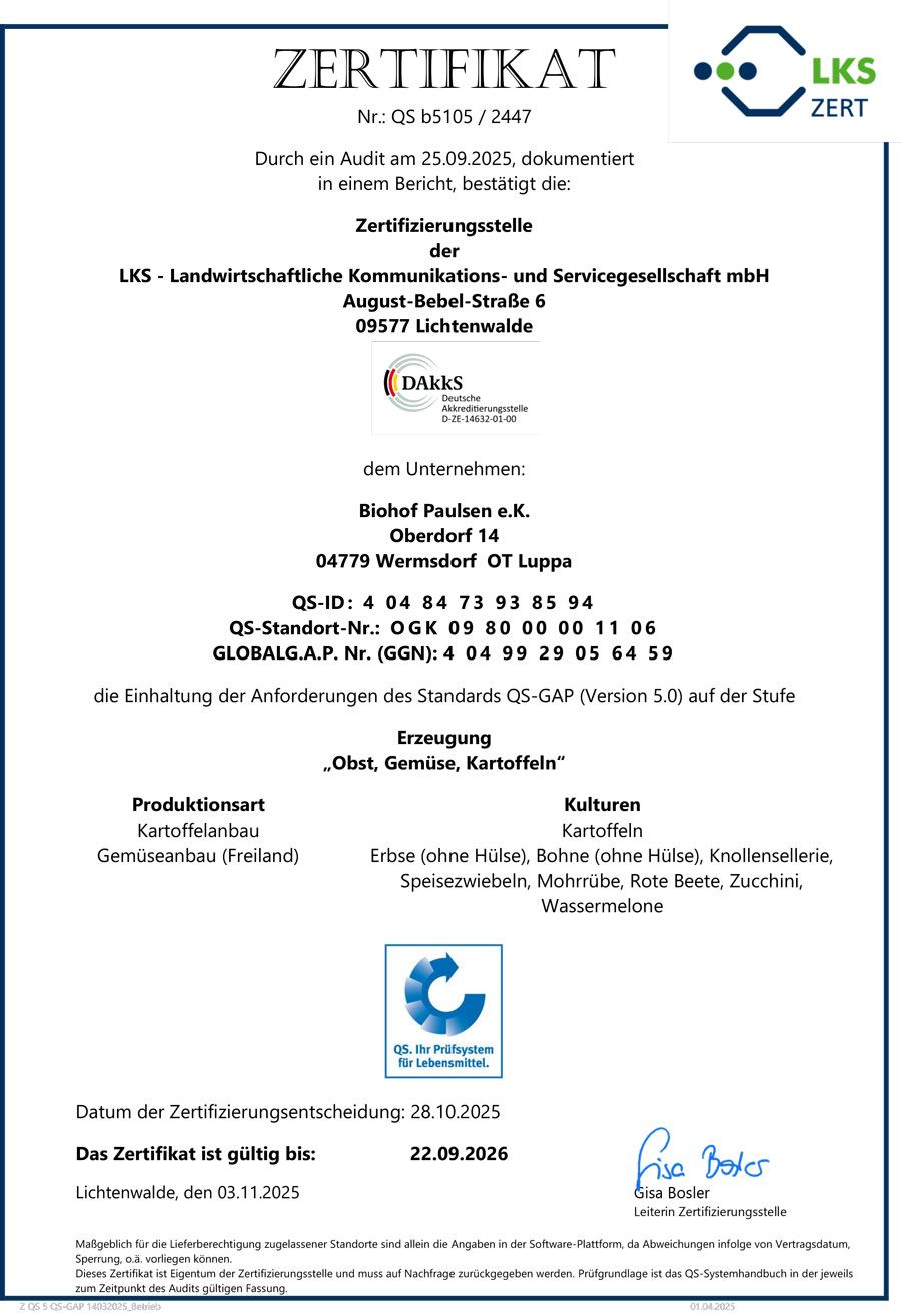 Deutsches Zertifikatsdokument mit grünem LKS-Logo und blauem Siegel auf weißem Papier