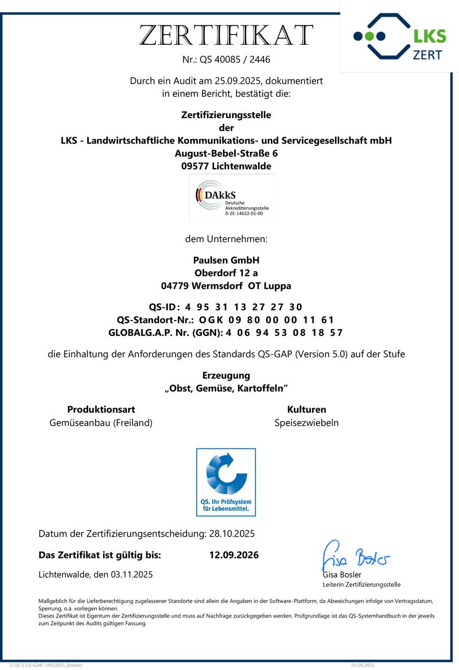Deutsches Zertifikatsdokument mit LKS-Logo, blauen Stempeln und Unterschriften auf weißem Papier