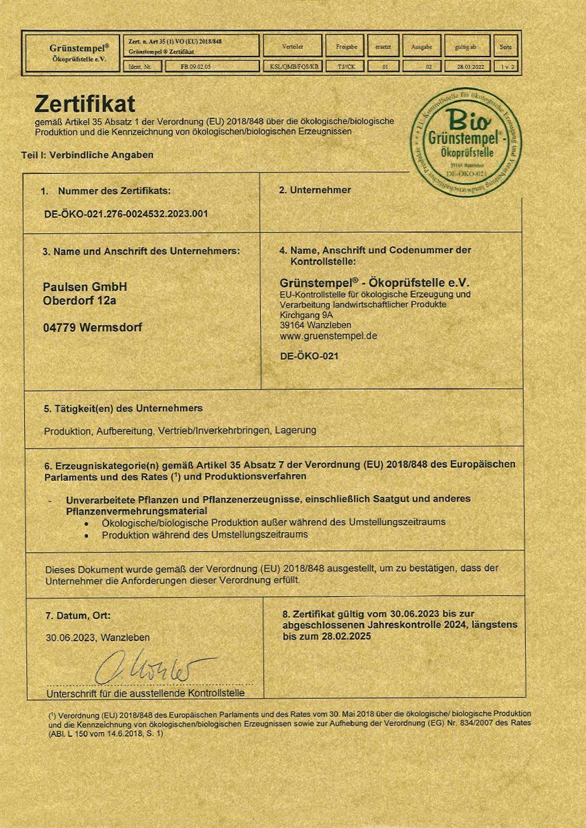 Zertifikate und Siegel der Paulsen GmbH und Biohof Paulsen aus Luppa bei Wermsdorf