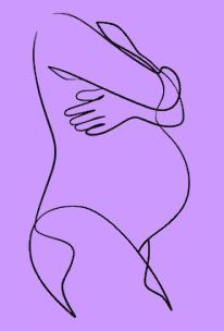 Silueta de persona embarazada, manos cruzadas sobre el vientre, fondo lavanda.